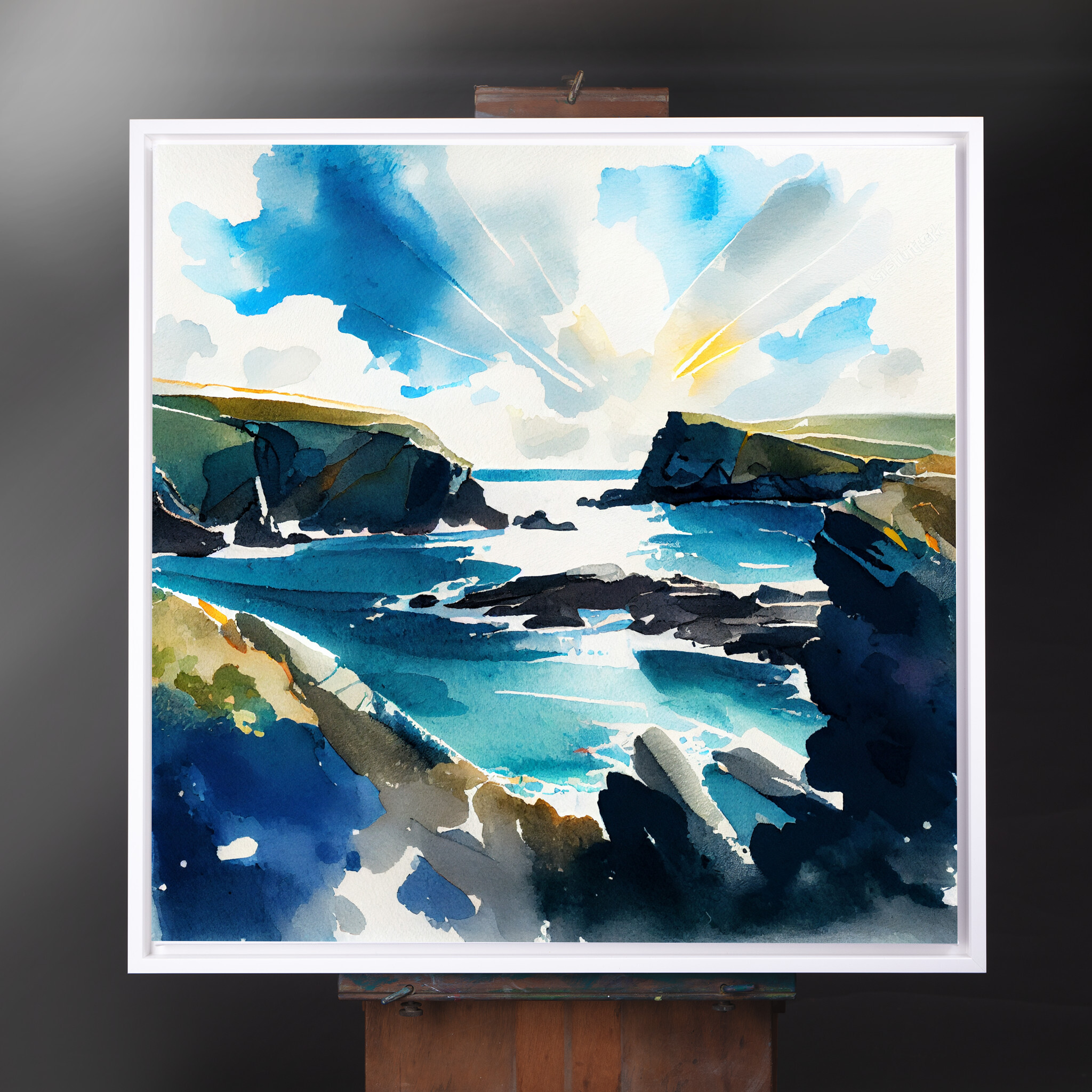 Pembrokeshire Coastal Watercolor Landscape Wall Art | Blue Living Room Decor - CWF