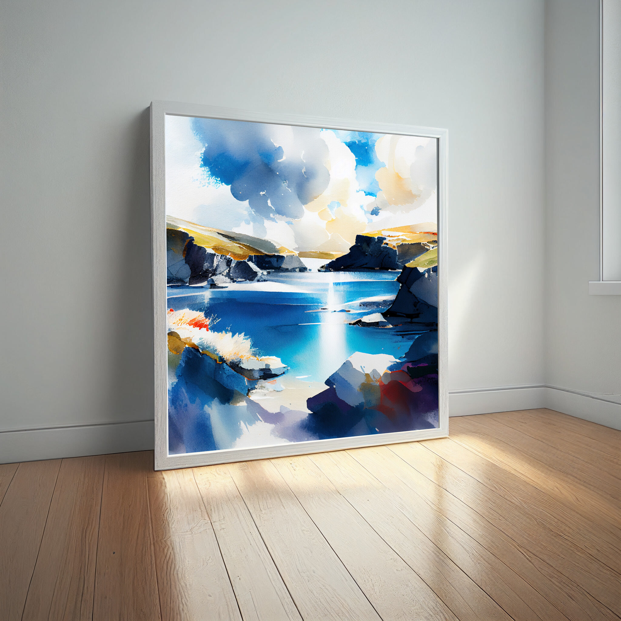 Pembrokeshire Coastal Blue Art Watercolor Living Room Wall Art | Serene Landscape Decor -