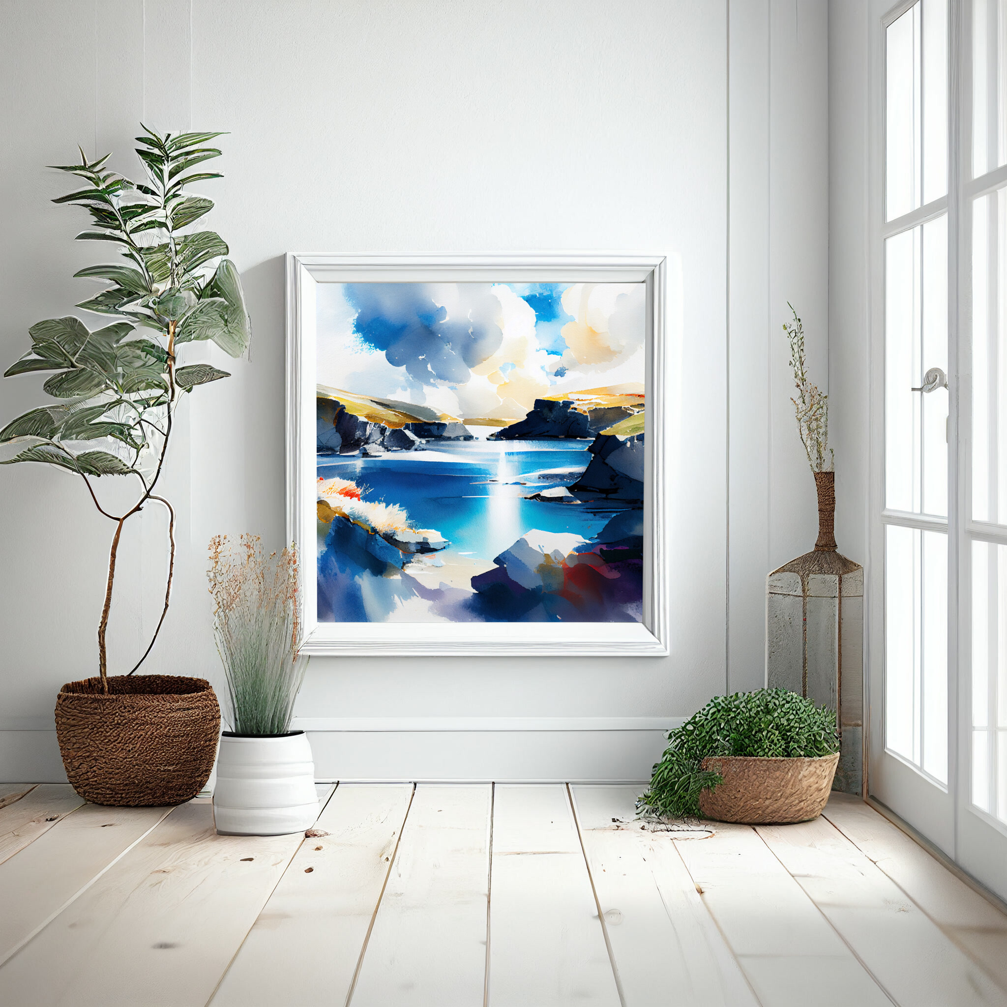 Pembrokeshire Coastal Blue Art Watercolor Living Room Wall Art | Serene Landscape Decor -