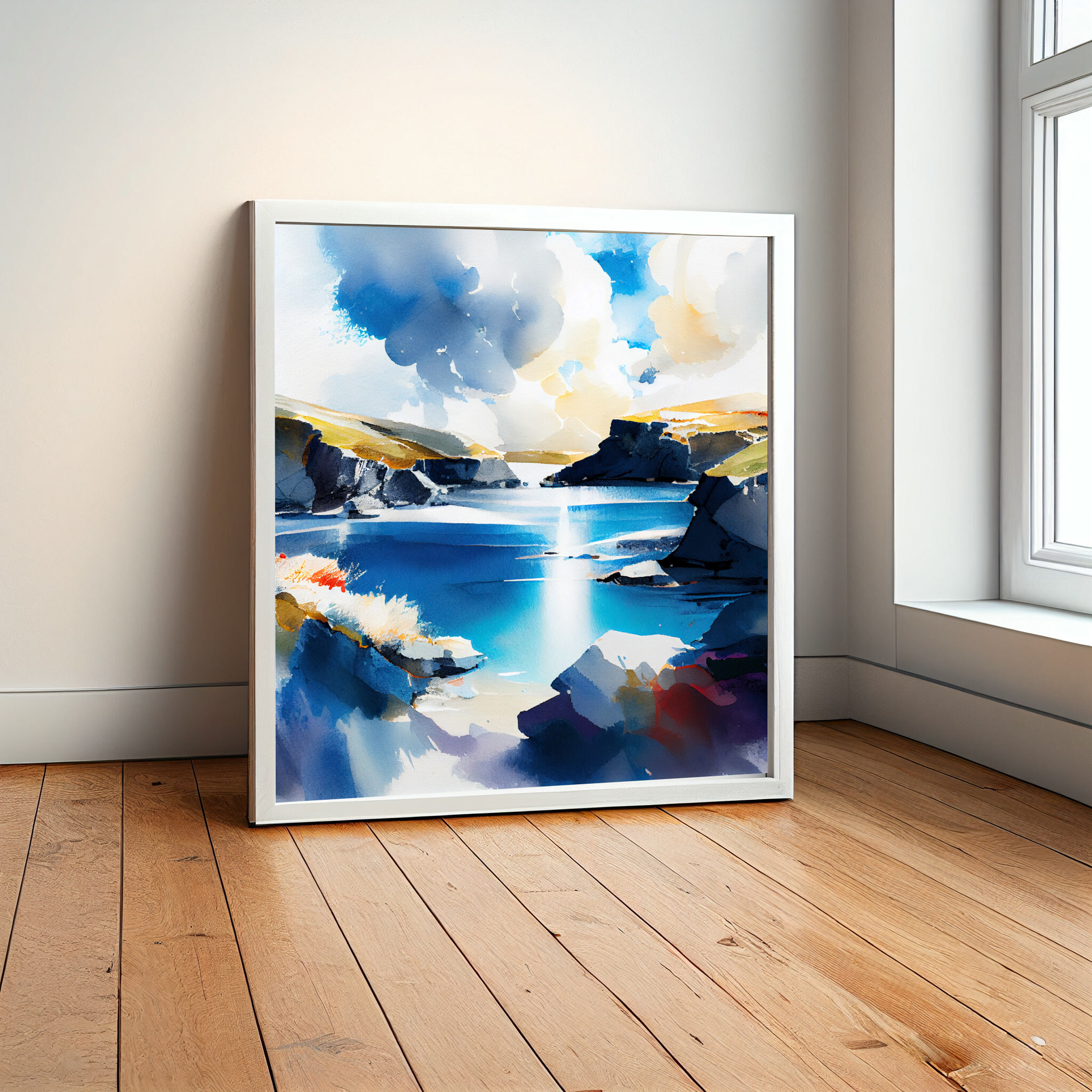 Pembrokeshire Coastal Blue Art Watercolor Living Room Wall Art | Serene Landscape Decor -
