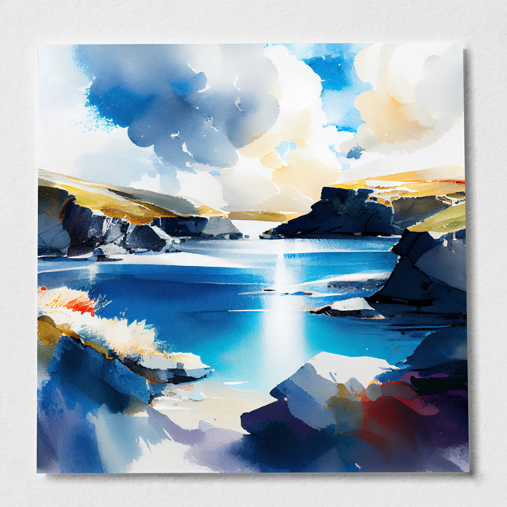 Pembrokeshire Coastal Blue Art Watercolor Living Room Wall Art | Serene Landscape Decor - P