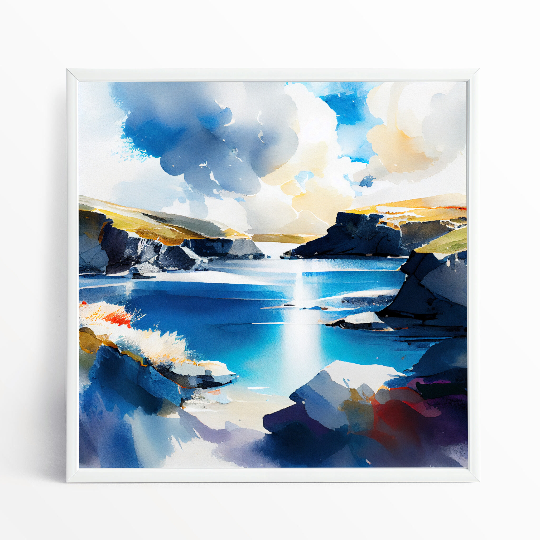 Pembrokeshire Coastal Blue Art Watercolor Living Room Wall Art | Serene Landscape Decor - WFP