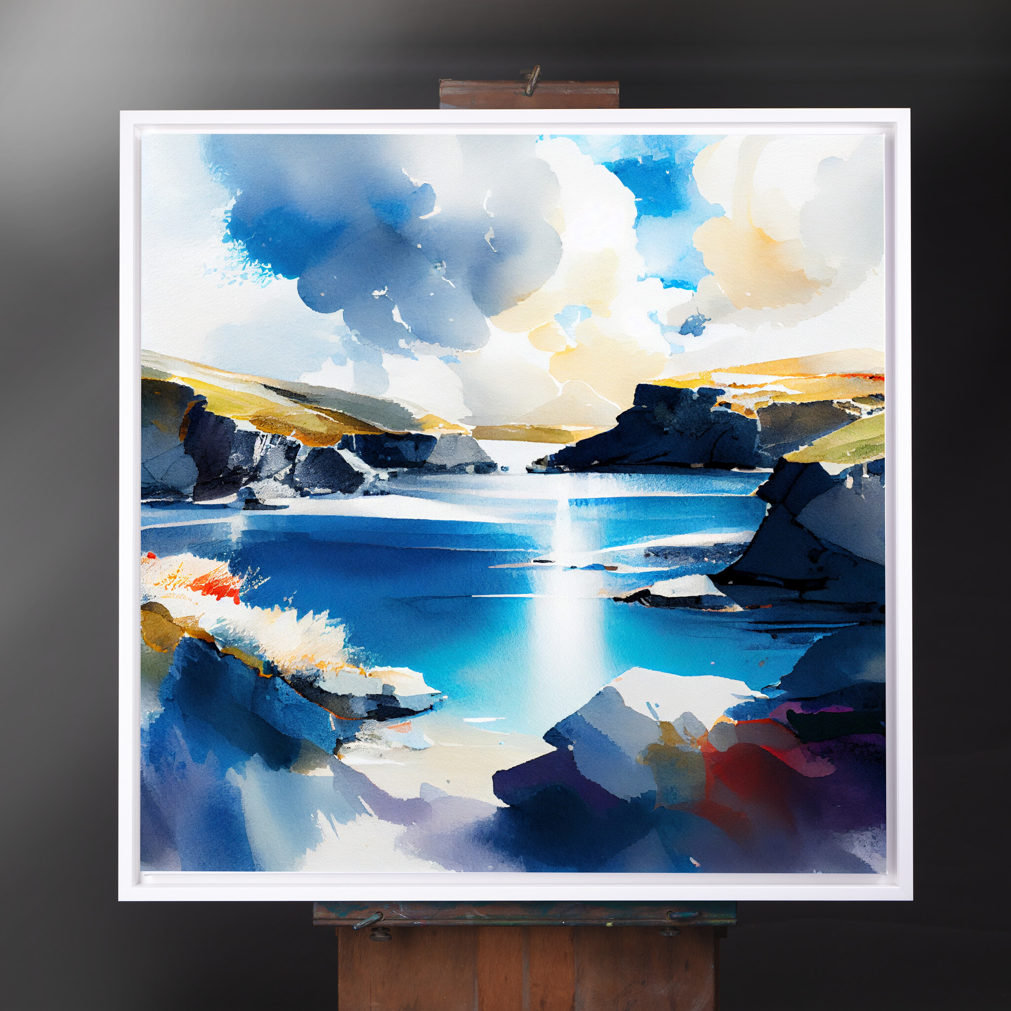 Pembrokeshire Coastal Blue Art Watercolor Living Room Wall Art | Serene Landscape Decor - CWF