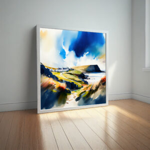 Abereiddy Coastal Watercolor Blue Living Room Wall Art | Serene Landscape Home Decor - watercolor, landscape, blue art, coastal, living room art