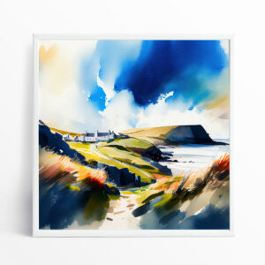 Abereiddy Coastal Watercolor Blue Living Room Wall Art | Serene Landscape Home Decor