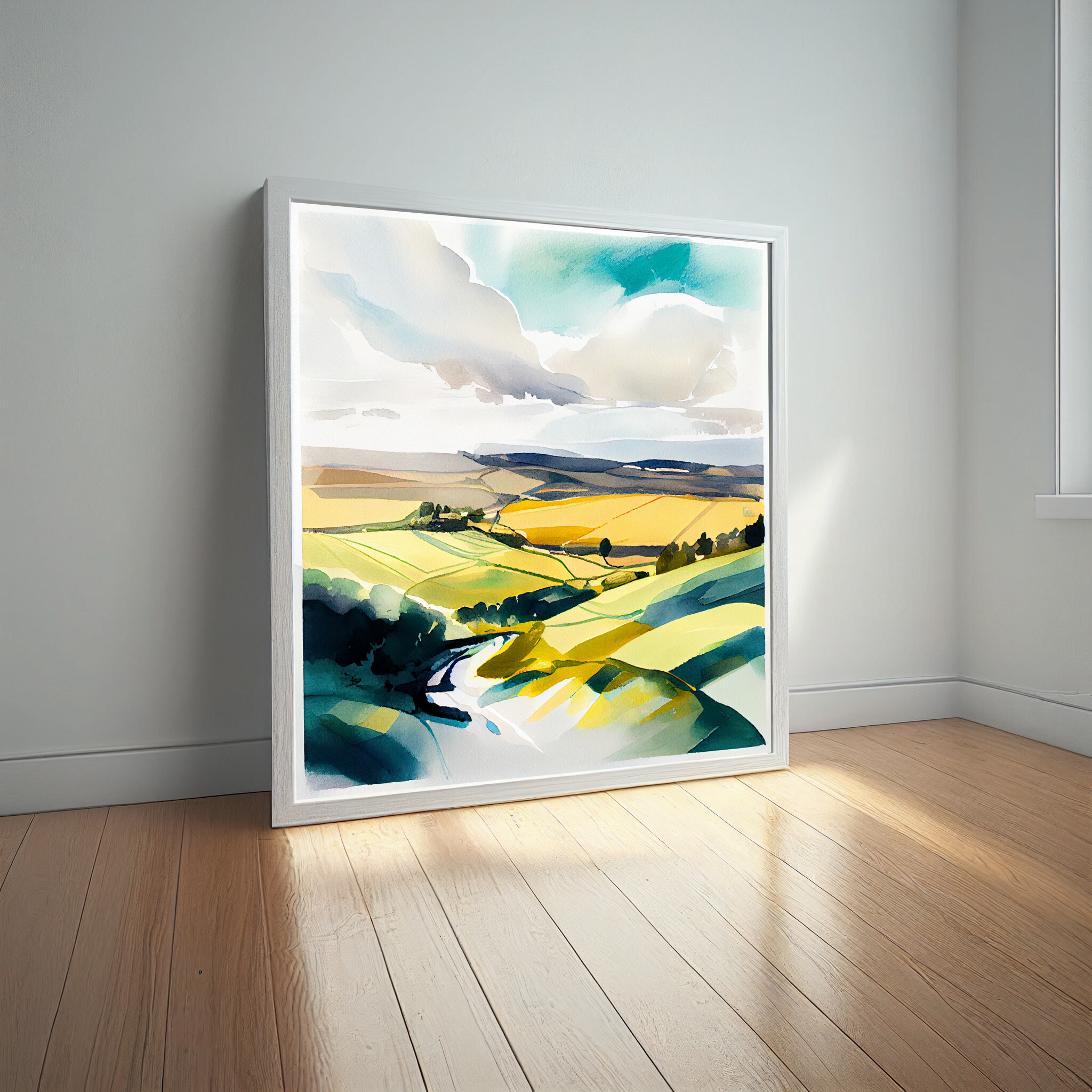 Surrey Hills Modern Watercolor Landscape Art | Green Home Decor for Living Room -