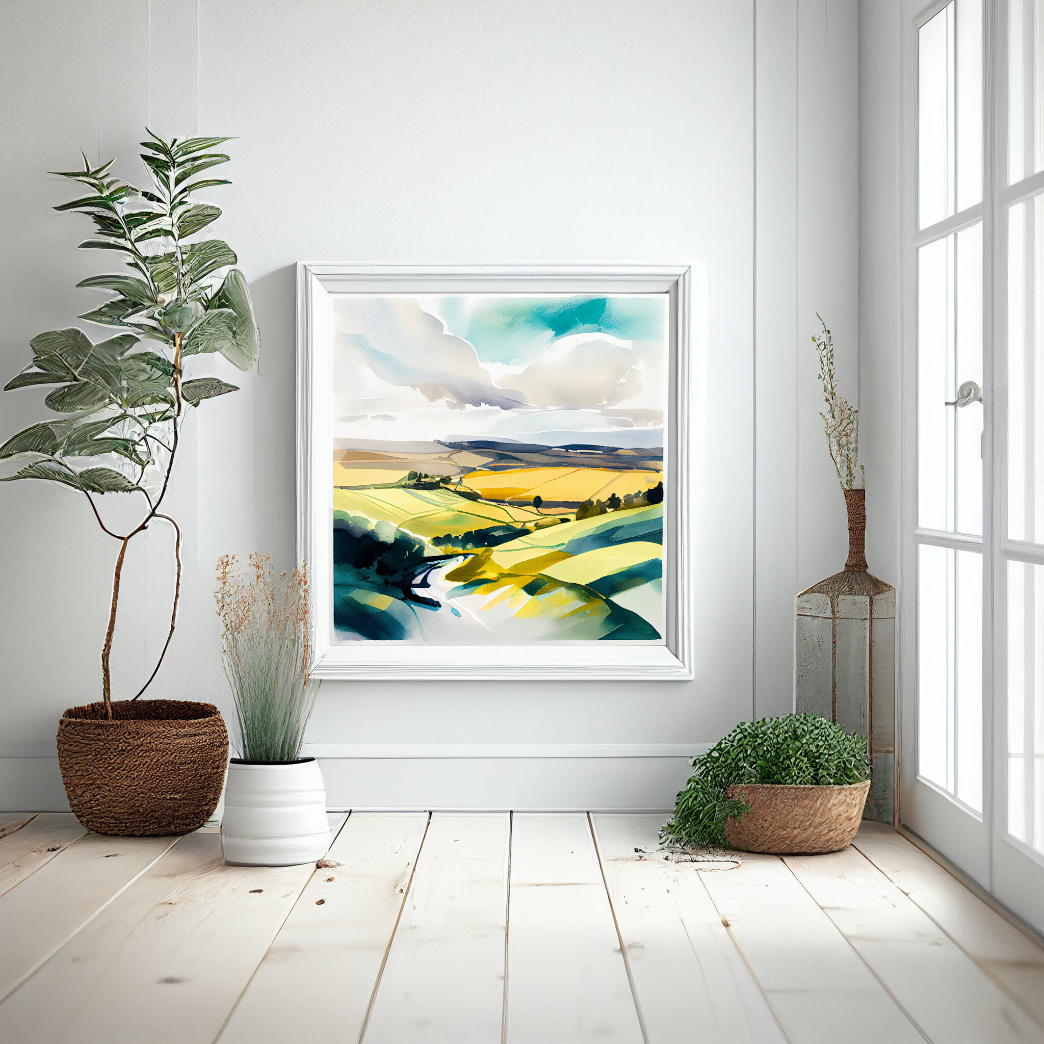 Surrey Hills Modern Watercolor Landscape Art | Green Home Decor for Living Room -