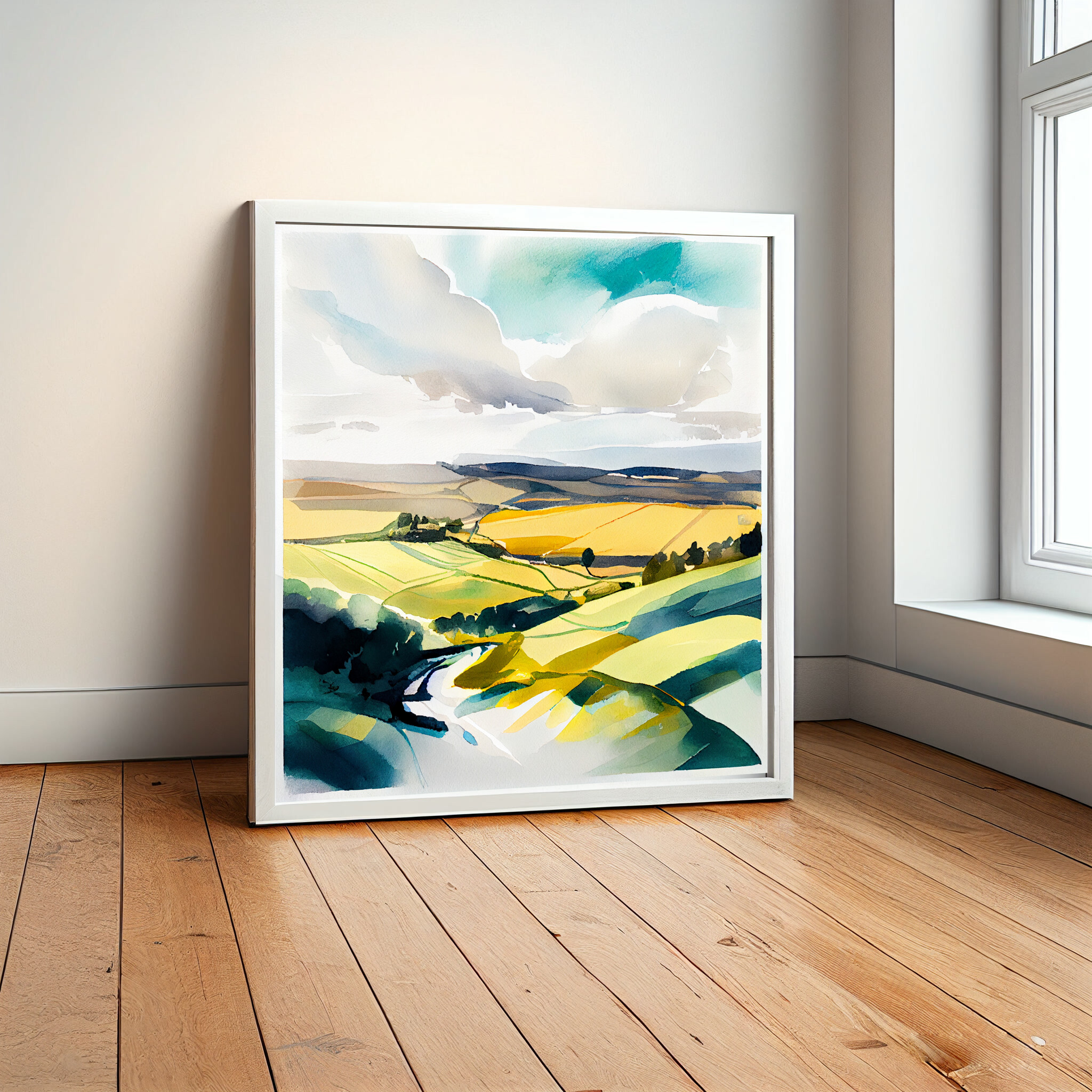 Surrey Hills Modern Watercolor Landscape Art | Green Home Decor for Living Room -