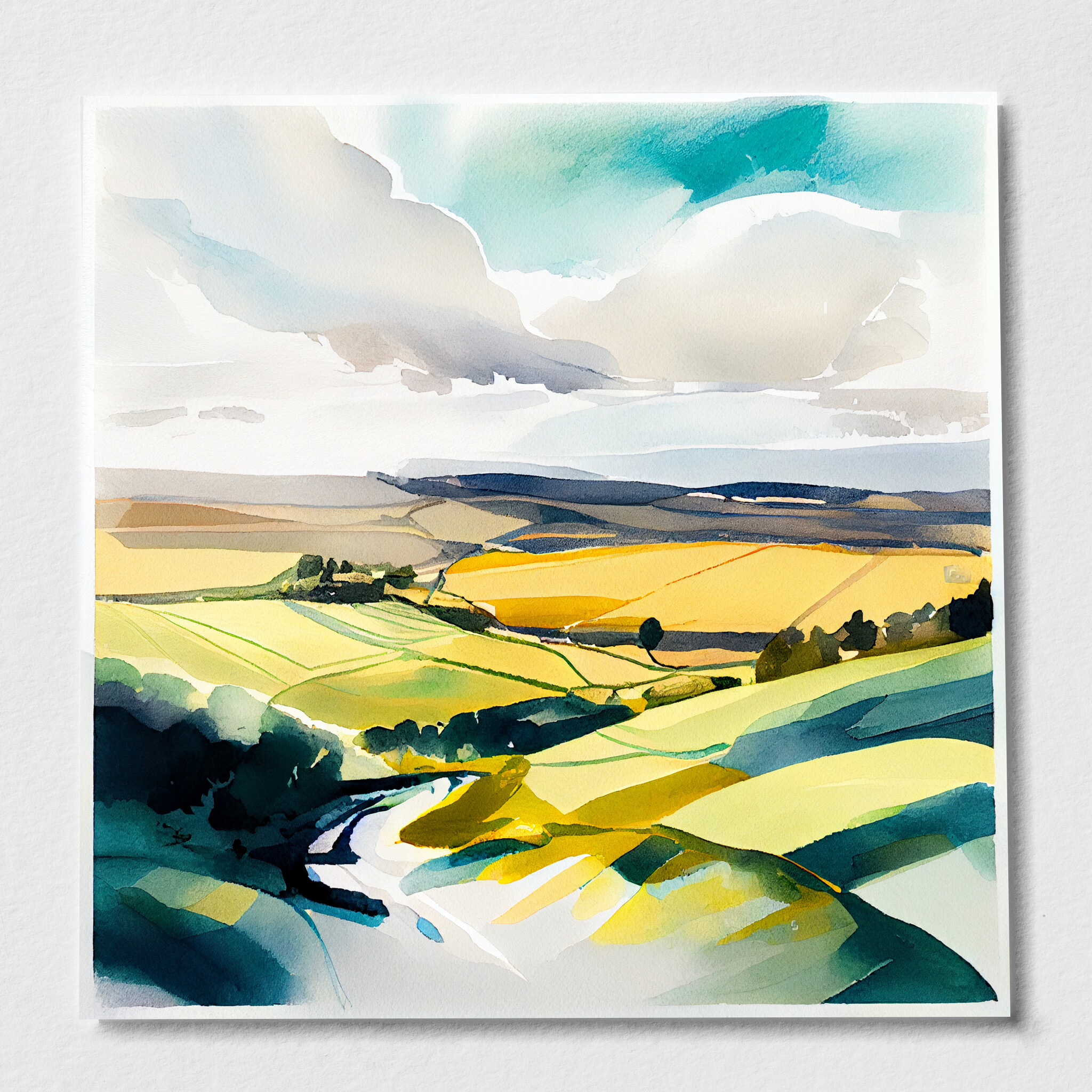 Surrey Hills Modern Watercolor Landscape Art | Green Home Decor for Living Room - P