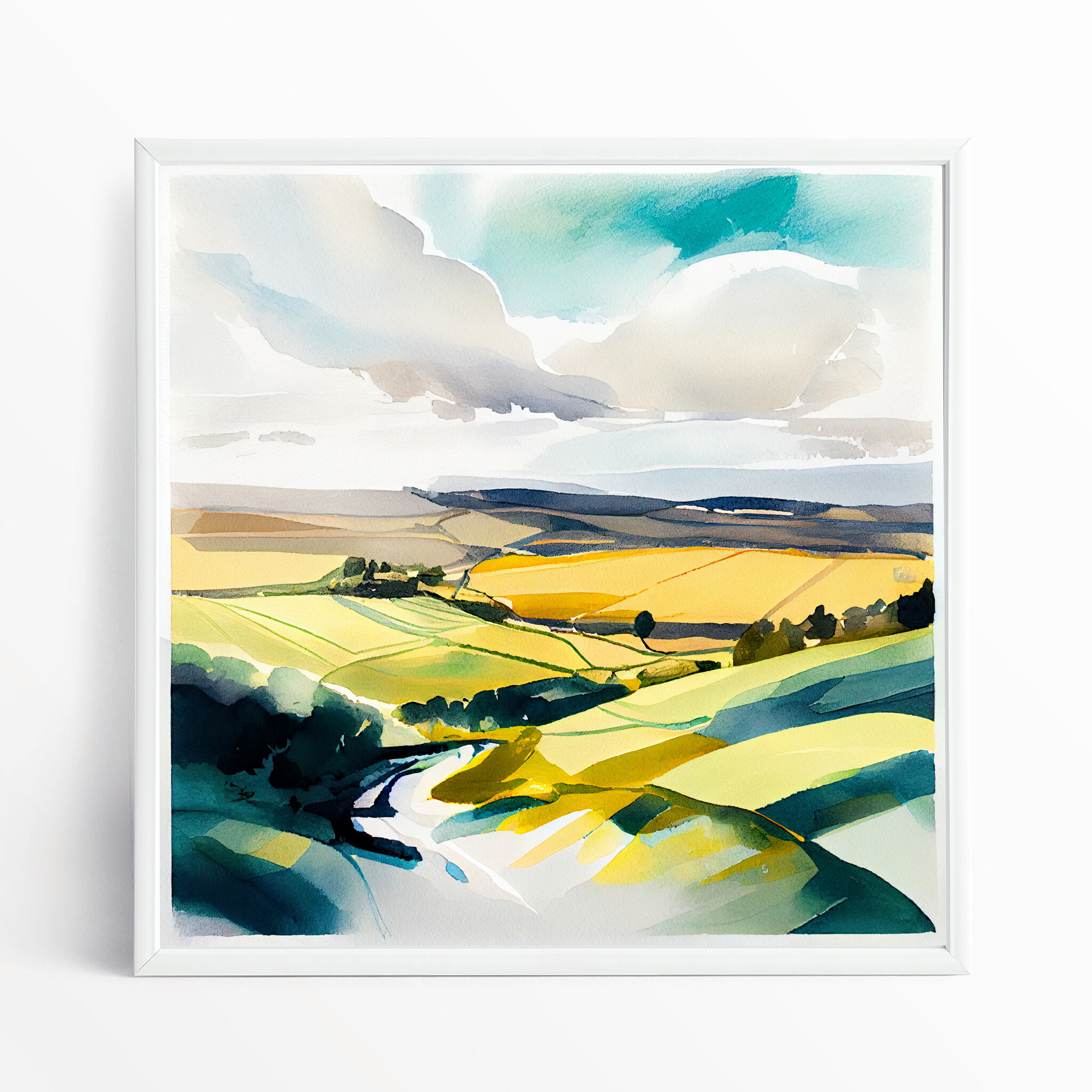 Surrey Hills Modern Watercolor Landscape Art | Green Home Decor for Living Room - WFP