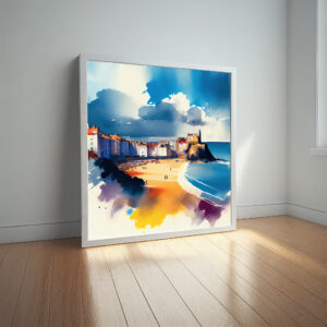 Tenby Coastal Impressionist Blue Living Room Art | Canvas Print Wall Art - impressionist, landscape, blue art, living room art, bedroom decor