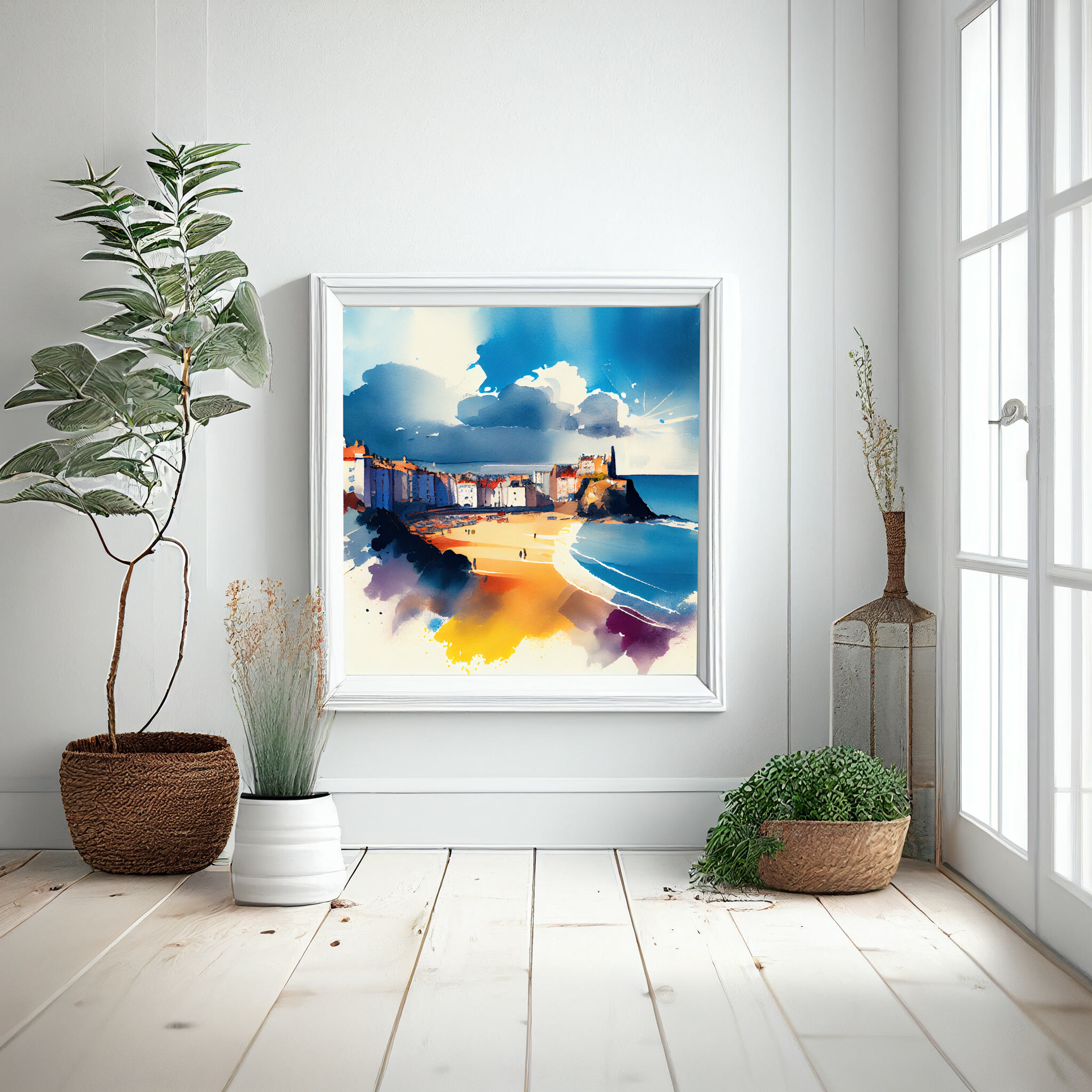 Tenby Coastal Impressionist Blue Living Room Art | Canvas Print Wall Art -