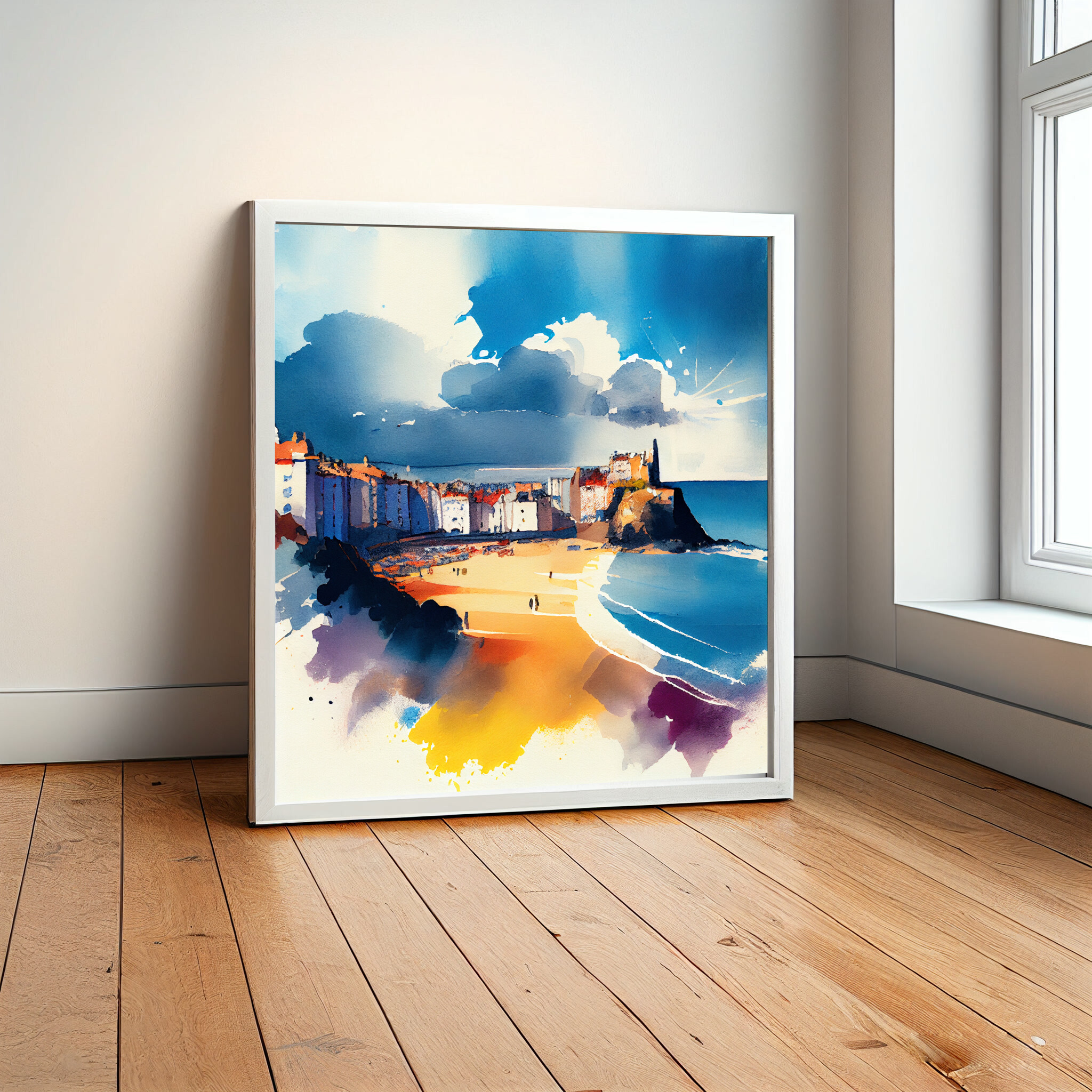 Tenby Coastal Impressionist Blue Living Room Art | Canvas Print Wall Art -