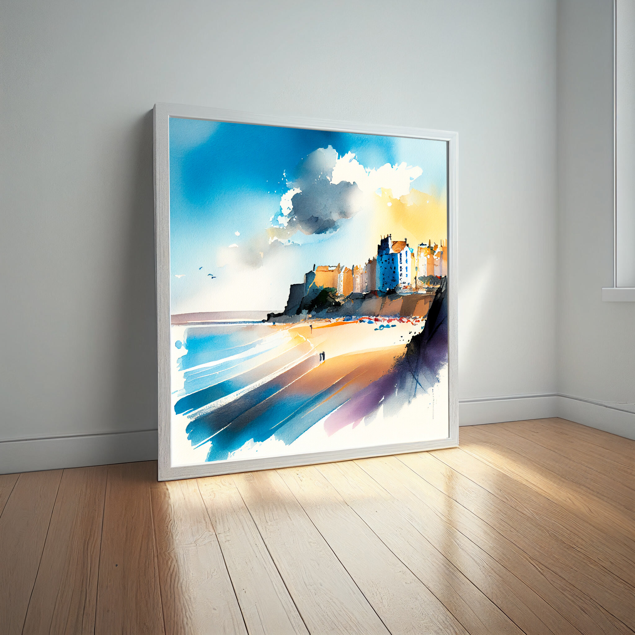 Tenby Coastal Watercolor Blue Art | Living Room Wall Art Canvas Print -