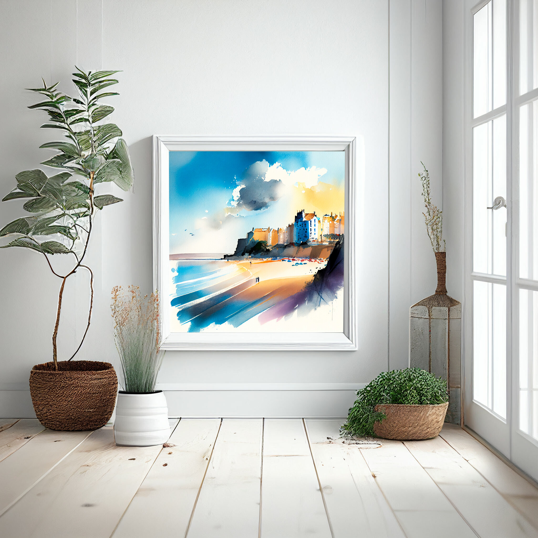 Tenby Coastal Watercolor Blue Art | Living Room Wall Art Canvas Print -