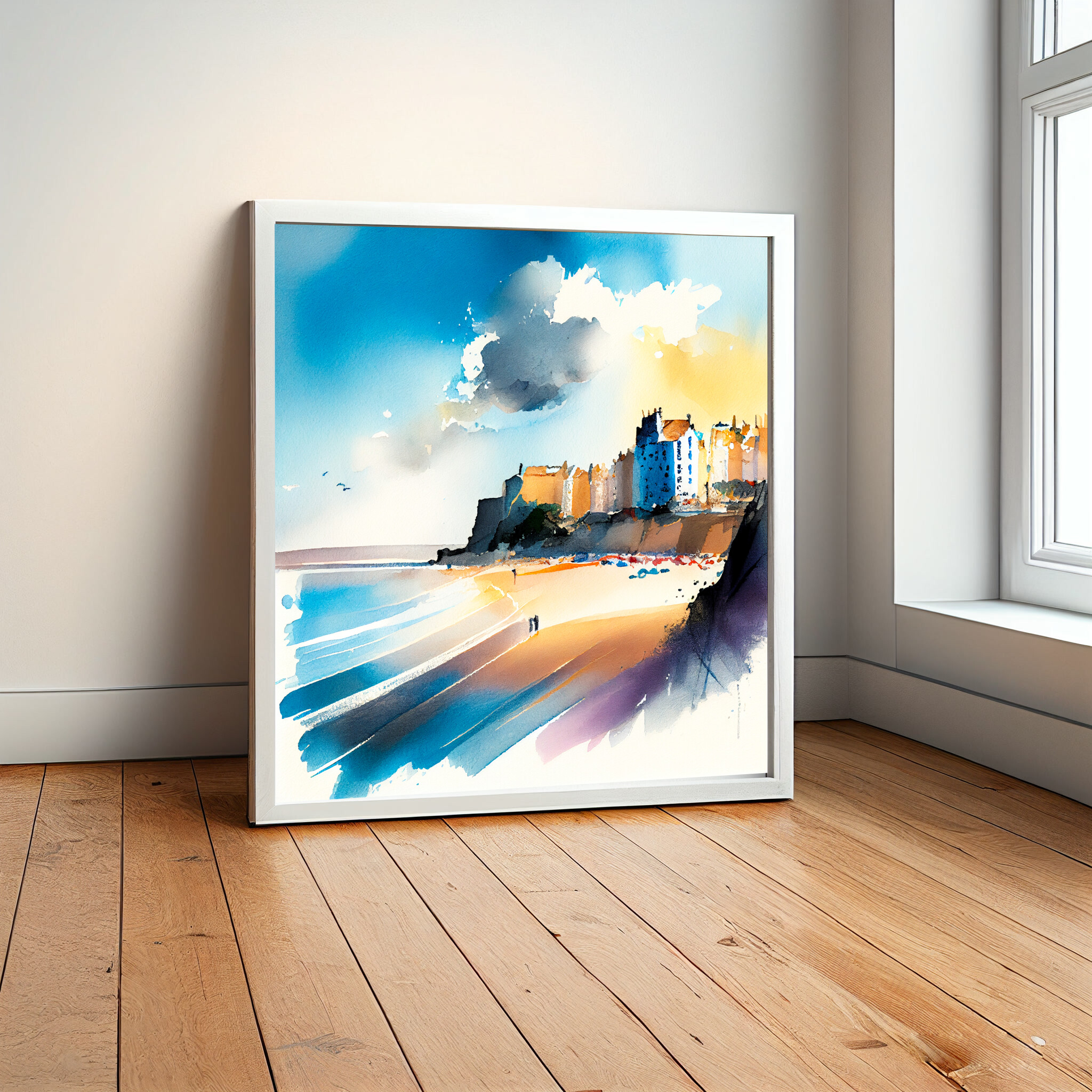 Tenby Coastal Watercolor Blue Art | Living Room Wall Art Canvas Print -