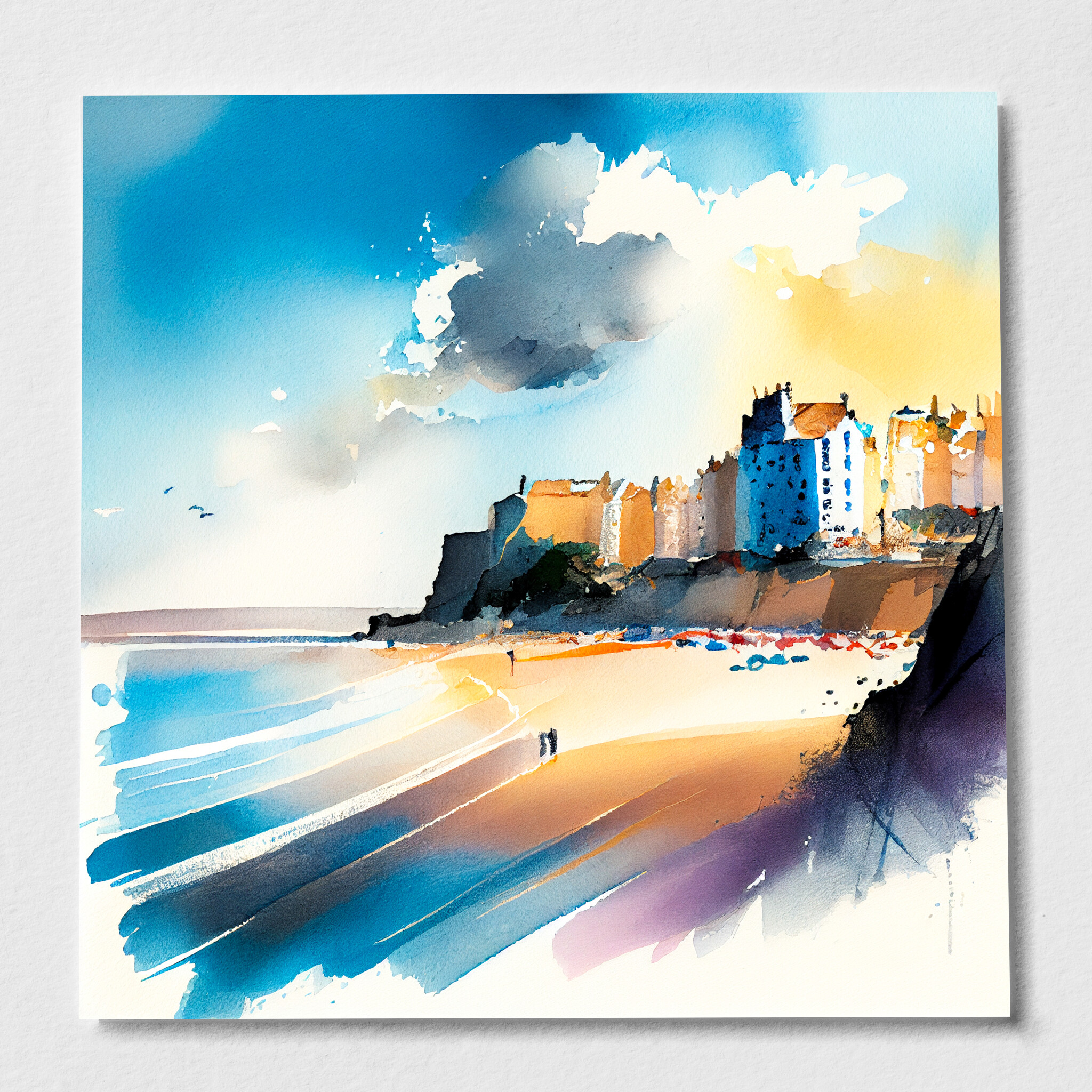 Tenby Coastal Watercolor Blue Art | Living Room Wall Art Canvas Print - P