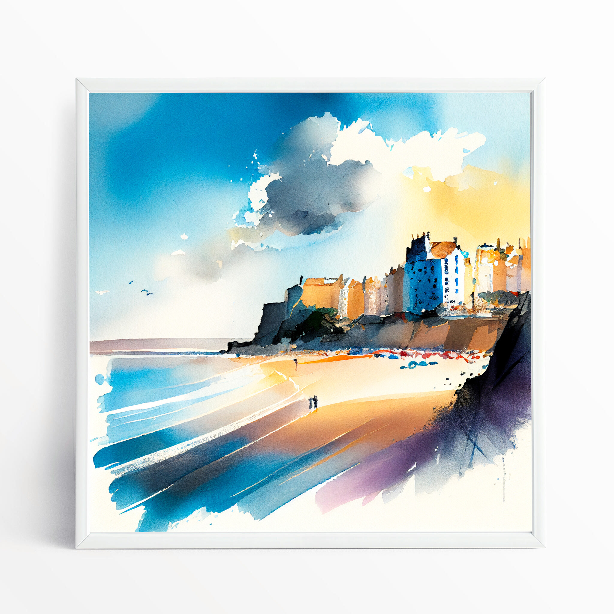 Tenby Coastal Watercolor Blue Art | Living Room Wall Art Canvas Print