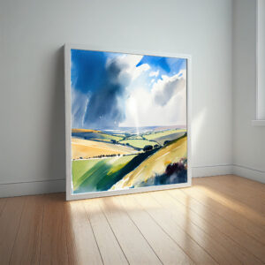 550 North Downs Watercolor Landscape in Blue and Green for Living Room Art | Modern Home Decor - watercolor, landscape, blue art, green tones, bedroom decor