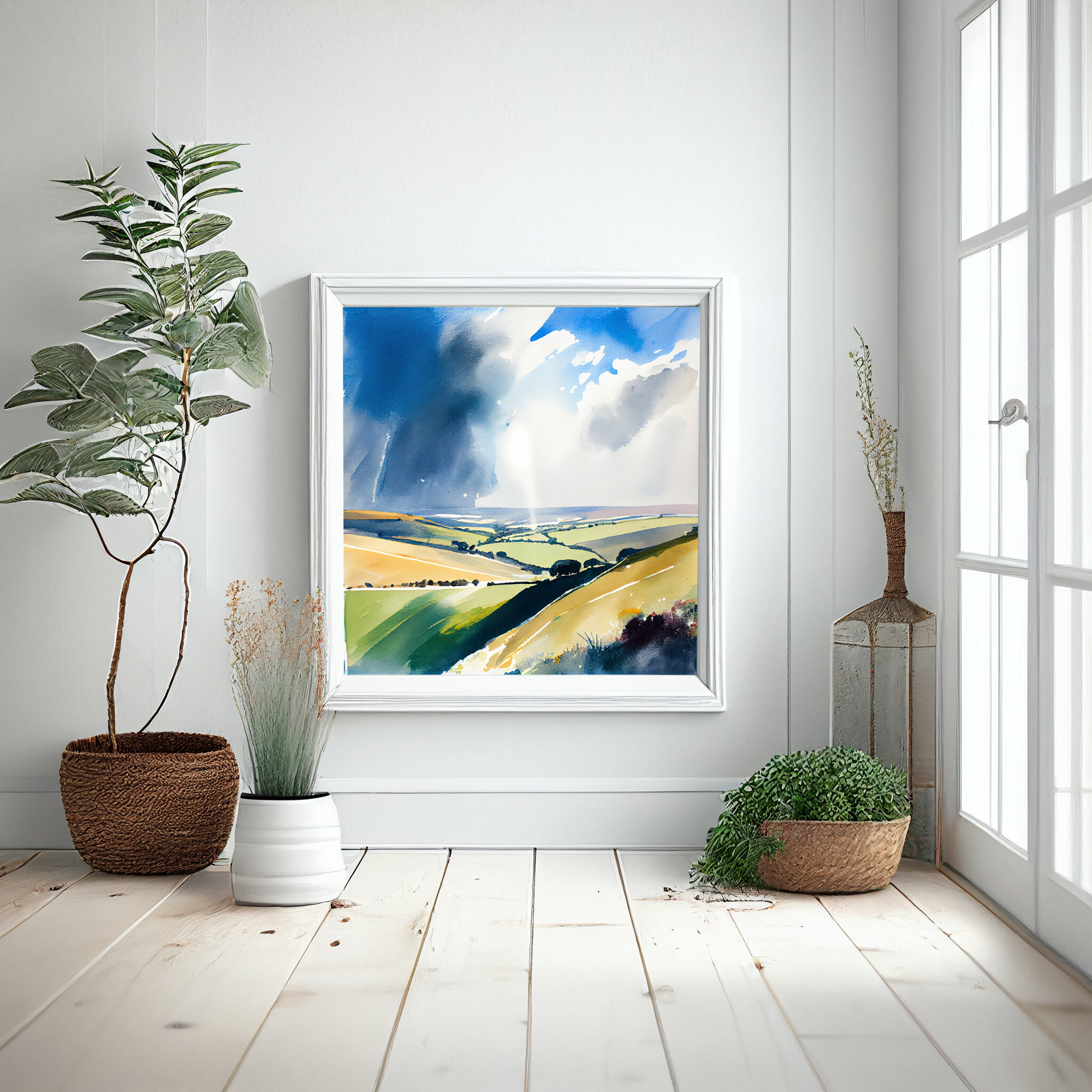 550 North Downs Watercolor Landscape in Blue and Green for Living Room Art | Modern Home Decor -