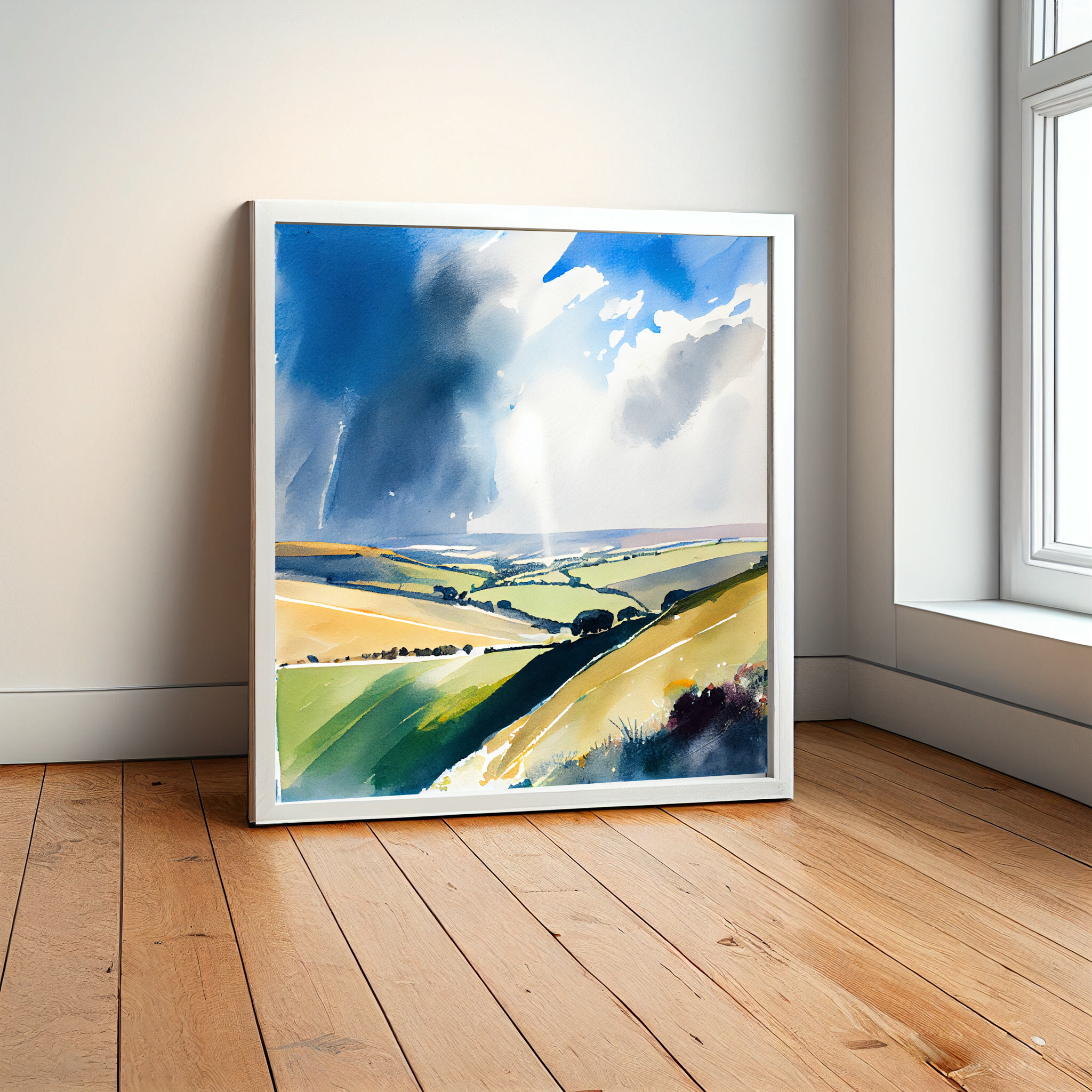 550 North Downs Watercolor Landscape in Blue and Green for Living Room Art | Modern Home Decor -