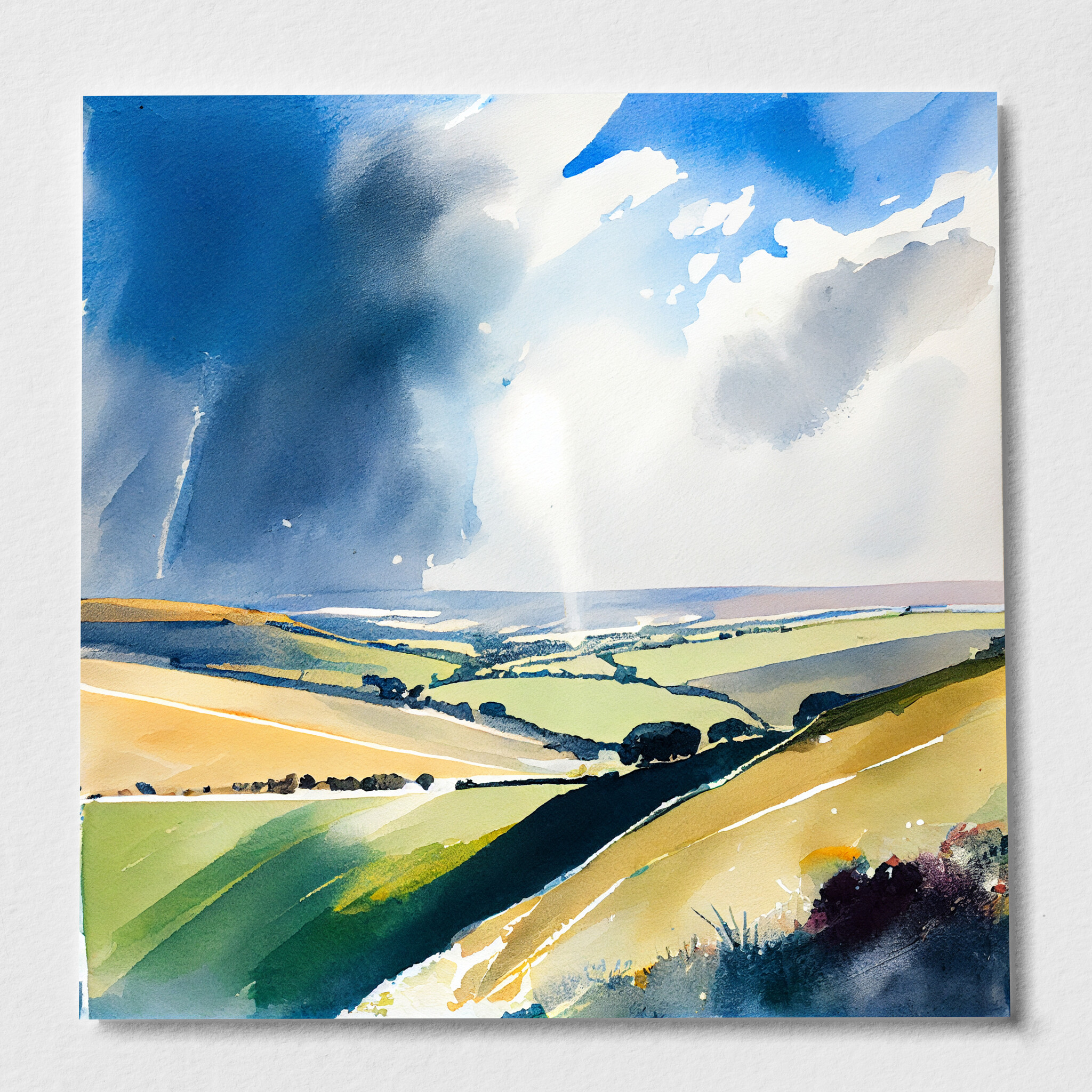 550 North Downs Watercolor Landscape in Blue and Green for Living Room Art | Modern Home Decor - P