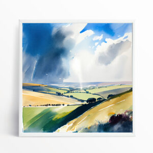 North Downs Watercolor Landscape in Blue and Green for Living Room Art | Modern Home Decor