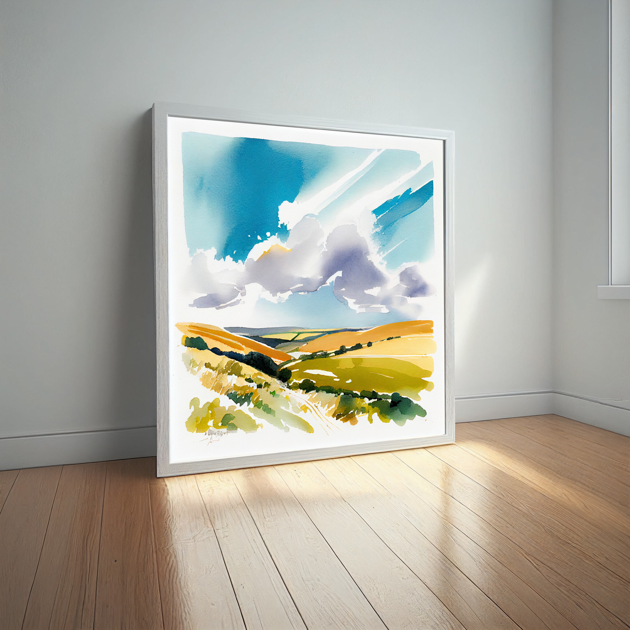 556 Southdowns Watercolor Landscape Living Room Art | Blue Sky Wall Decor -