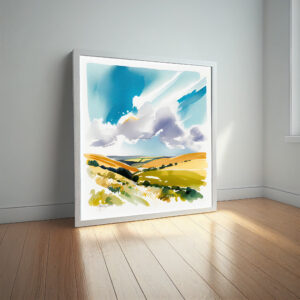 556 Southdowns Watercolor Landscape Living Room Art | Blue Sky Wall Decor - watercolor, landscape, blue sky, green fields, living room art