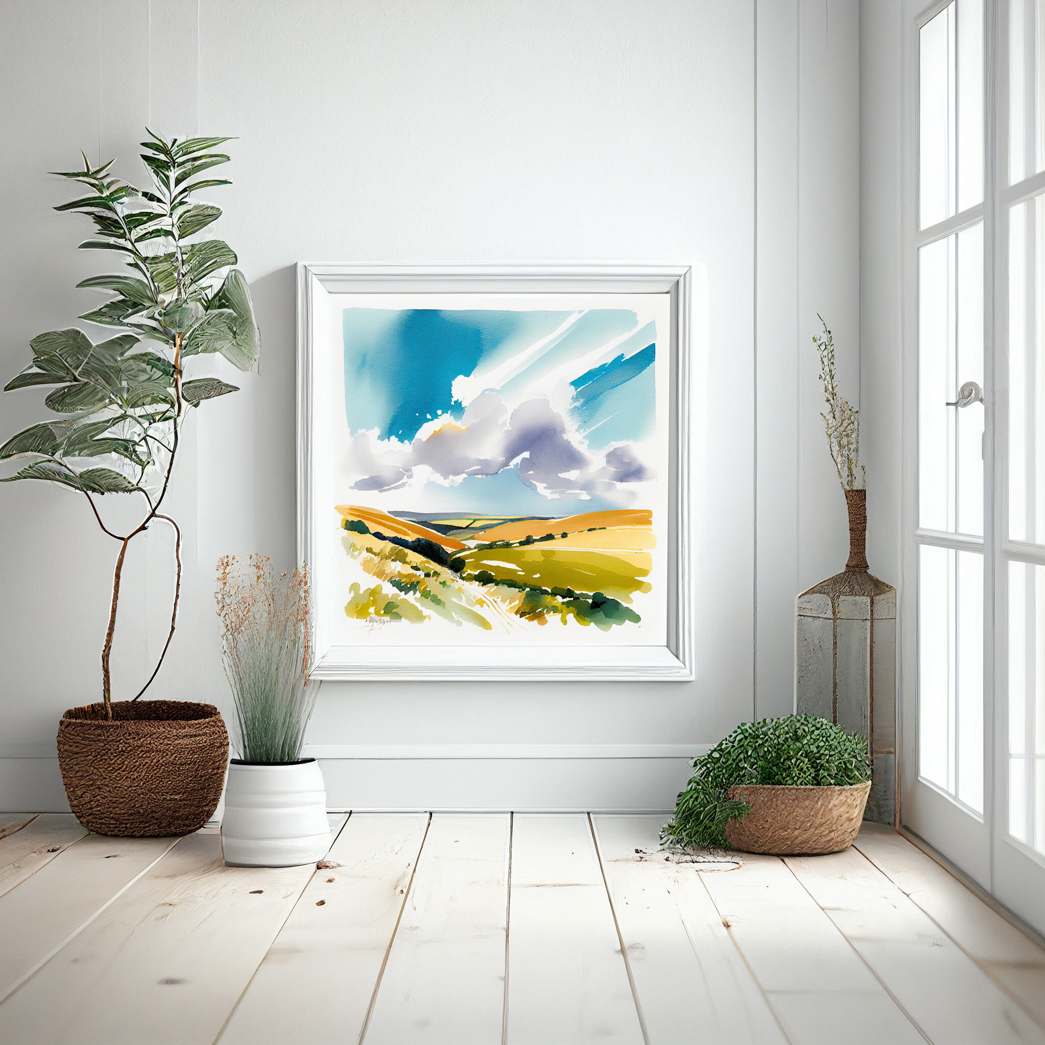 556 Southdowns Watercolor Landscape Living Room Art | Blue Sky Wall Decor -
