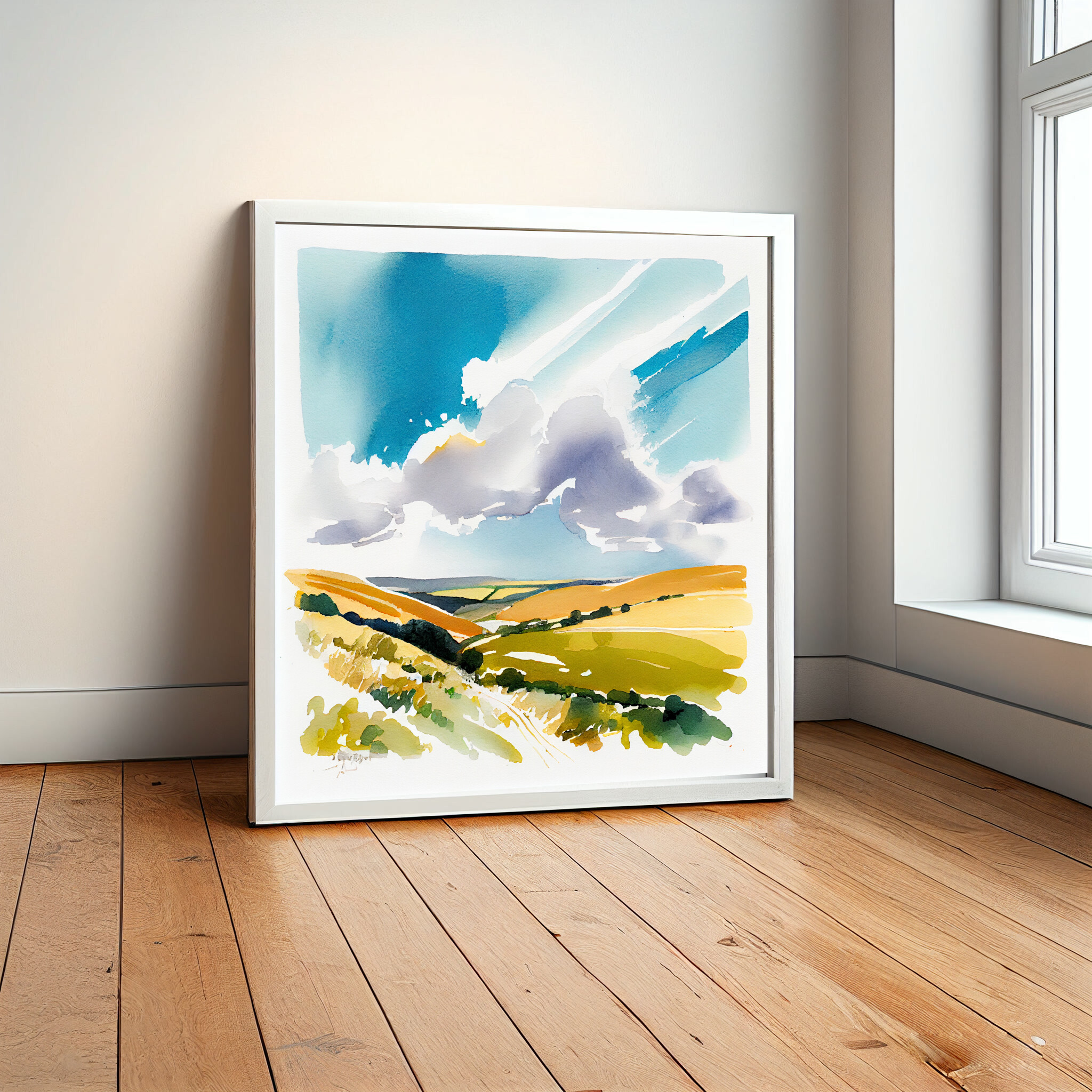 556 Southdowns Watercolor Landscape Living Room Art | Blue Sky Wall Decor -