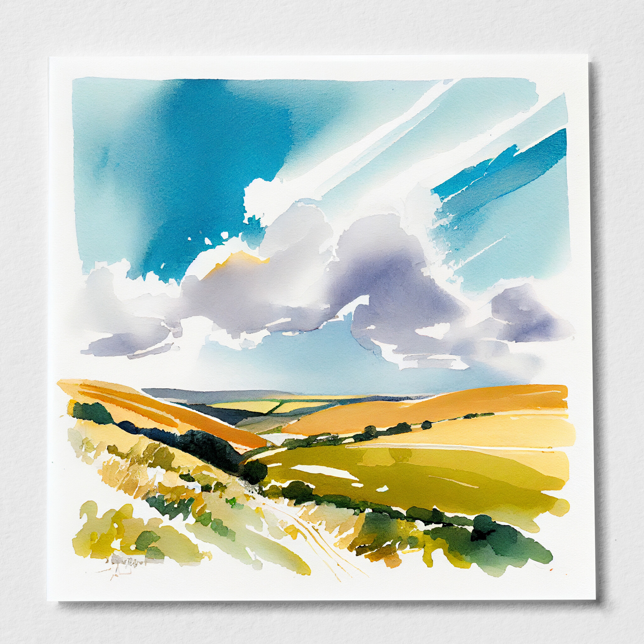 556 Southdowns Watercolor Landscape Living Room Art | Blue Sky Wall Decor - P