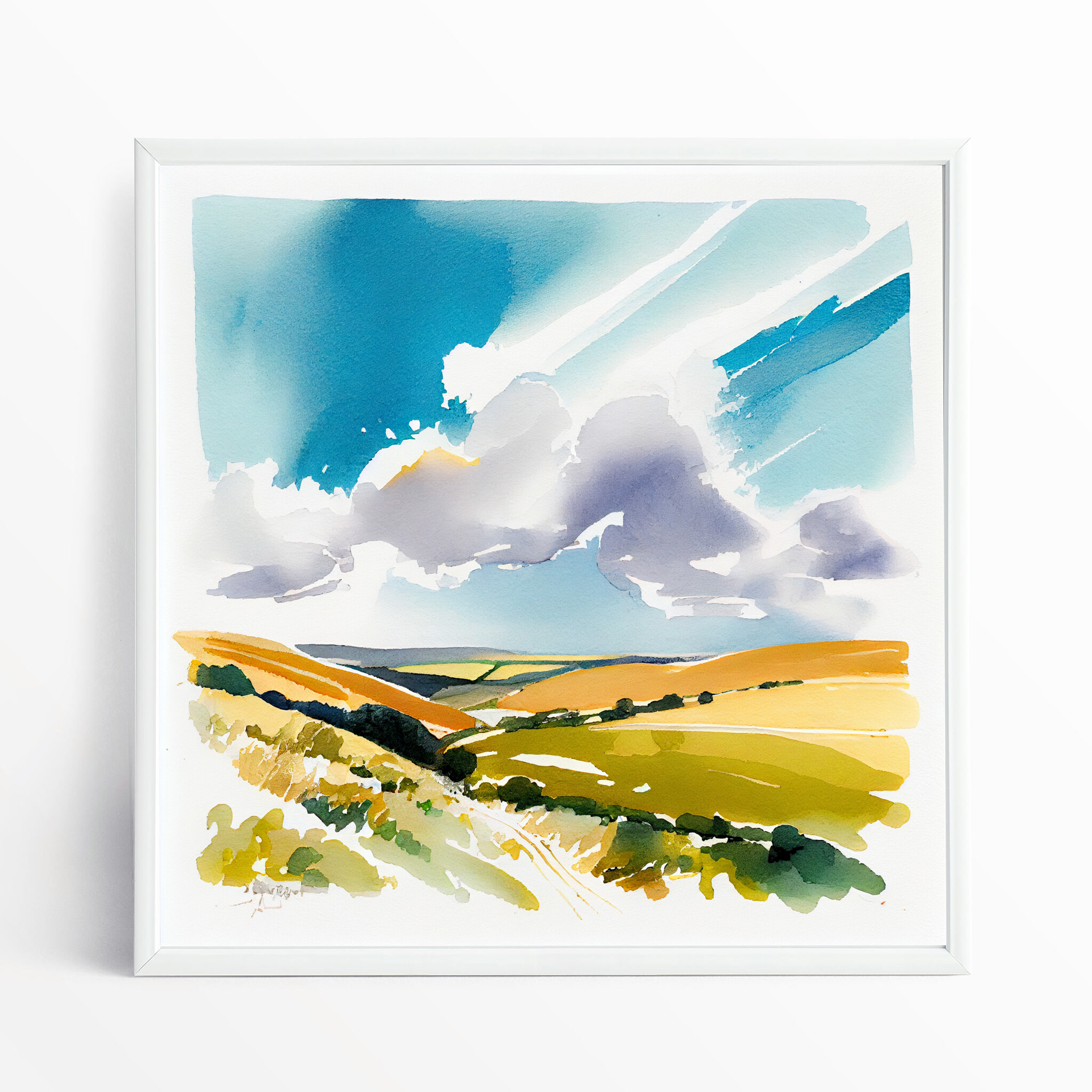 Southdowns Watercolor Landscape Living Room Art | Blue Sky Wall Decor