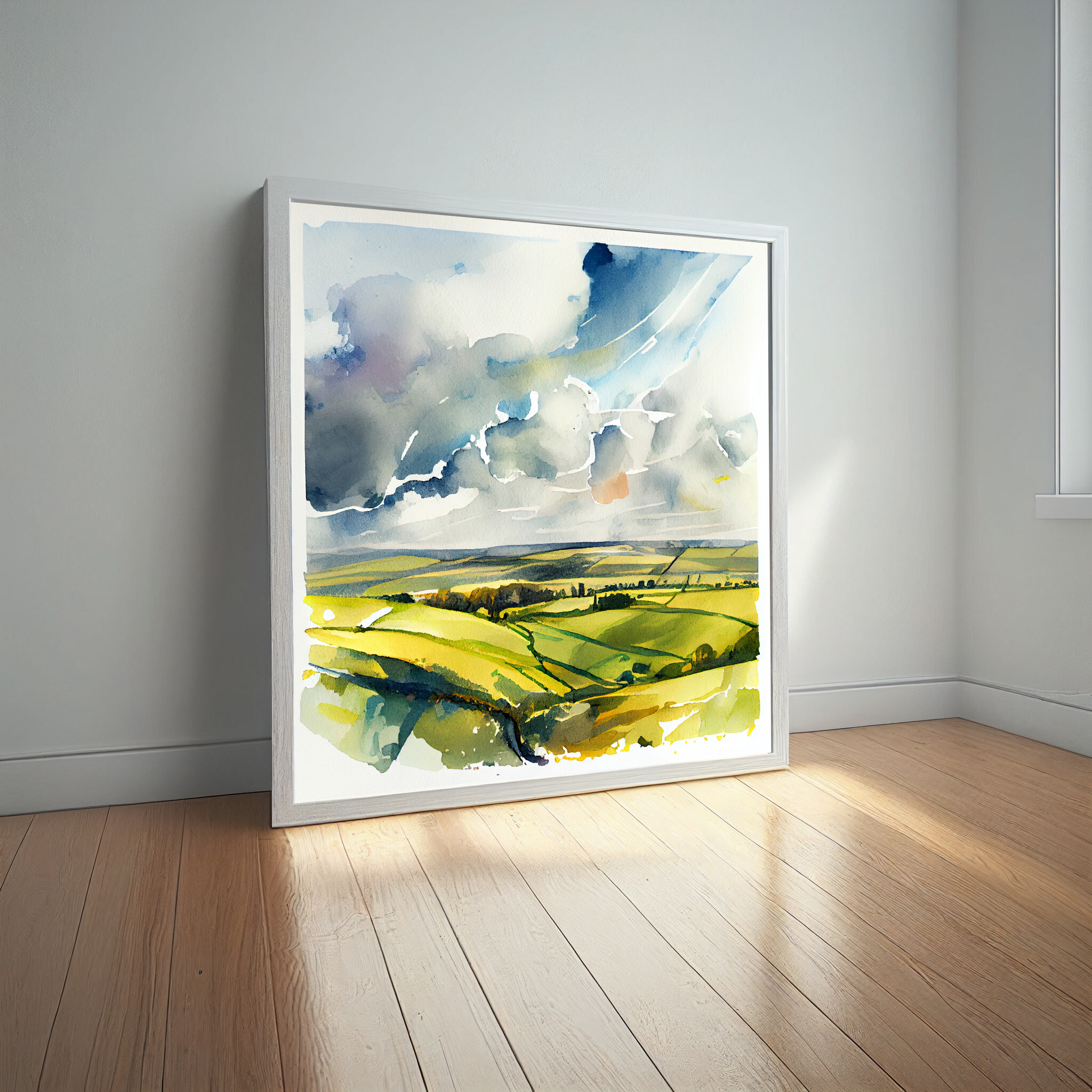 558 Southdowns Watercolor Landscape Art | Green Hills Bedroom Decor -