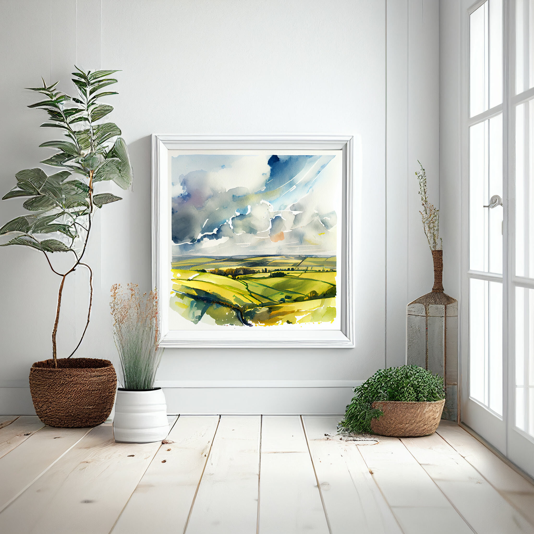 558 Southdowns Watercolor Landscape Art | Green Hills Bedroom Decor -
