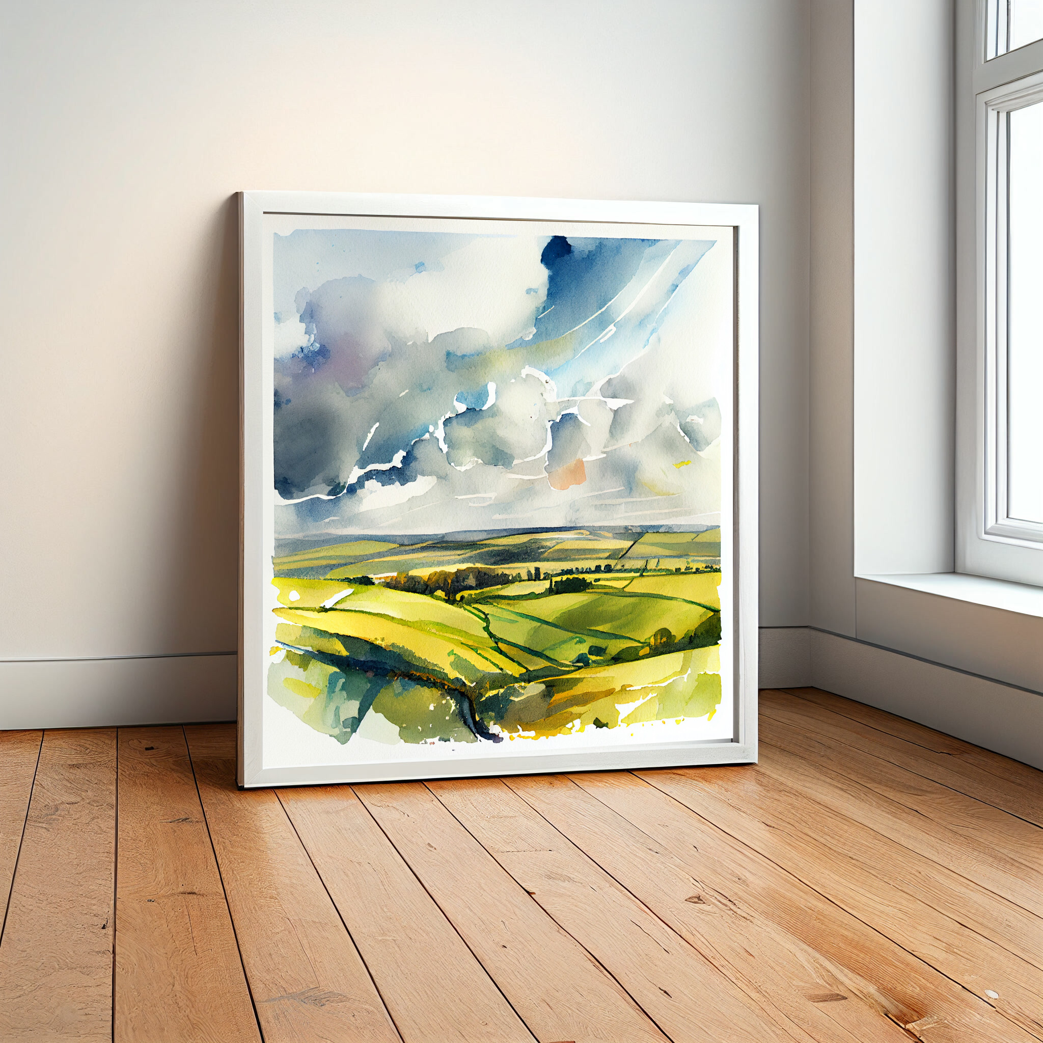 558 Southdowns Watercolor Landscape Art | Green Hills Bedroom Decor -