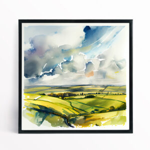 558 Southdowns Watercolor Landscape Art | Green Hills Bedroom Decor - BFP