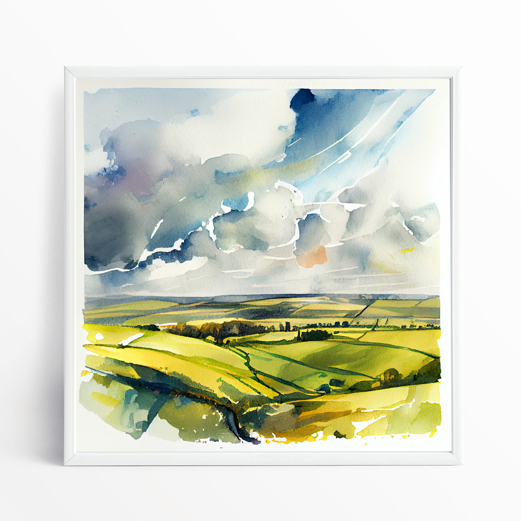 558 Southdowns Watercolor Landscape Art | Green Hills Bedroom Decor - WFP
