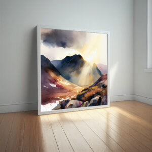 Scafell Pike Watercolor Mountains Living Room Art | Warm Tones Modern Wall Decor - watercolor, landscape, mountains, sunset hues, warm tones