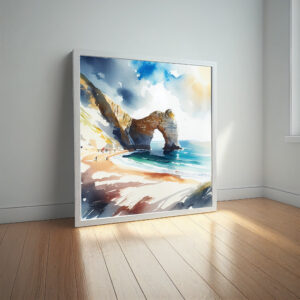 Durdle Door Coastal Watercolor Blue Art Living Room Wall Art | Beach Scene Decor - watercolor, landscape, coastal, blue art, living room