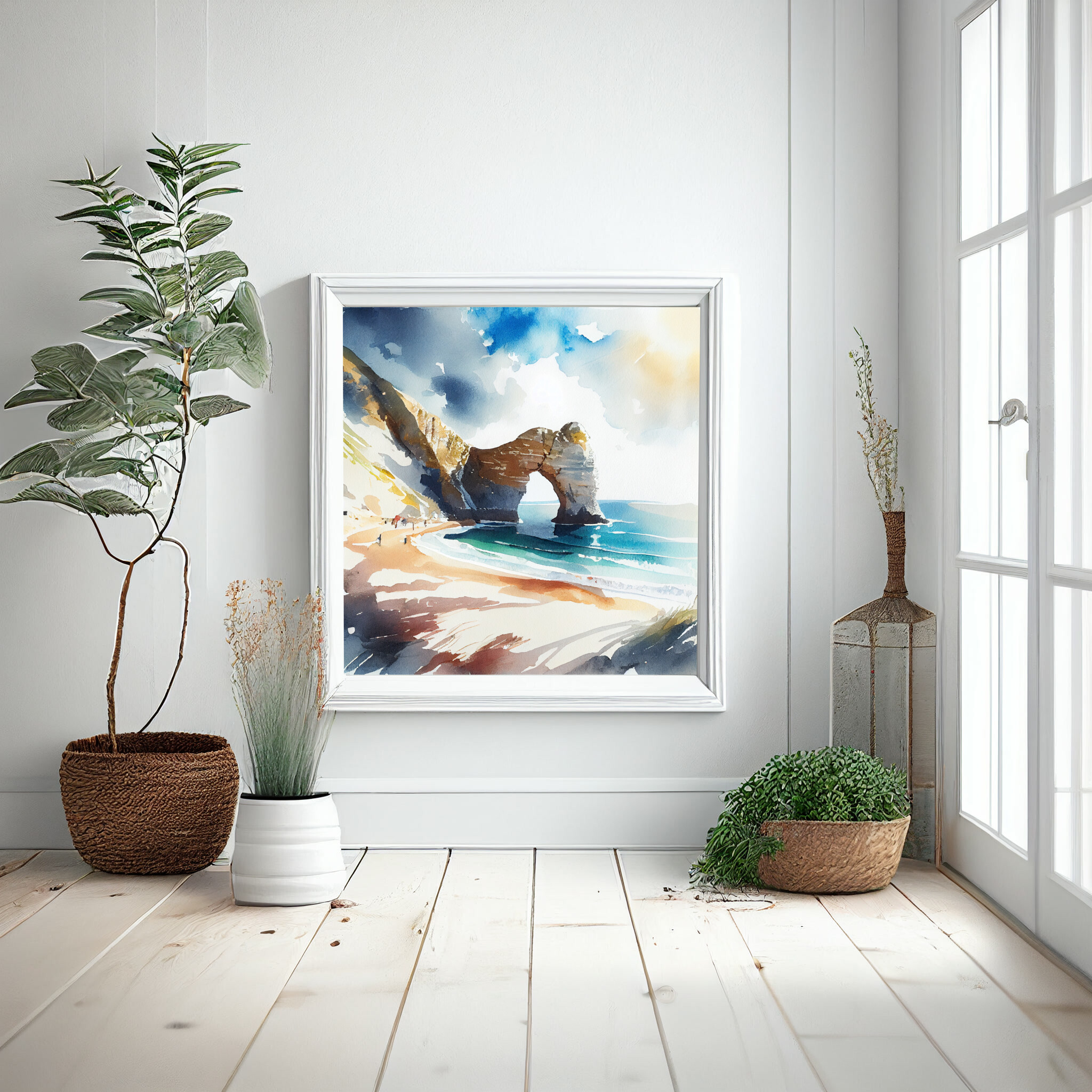 Durdle Door Coastal Watercolor Blue Art Living Room Wall Art | Beach Scene Decor -