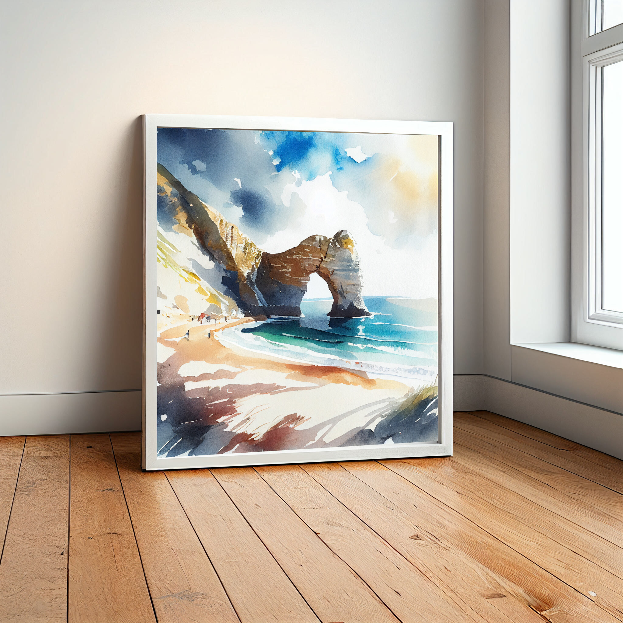 Durdle Door Coastal Watercolor Blue Art Living Room Wall Art | Beach Scene Decor -
