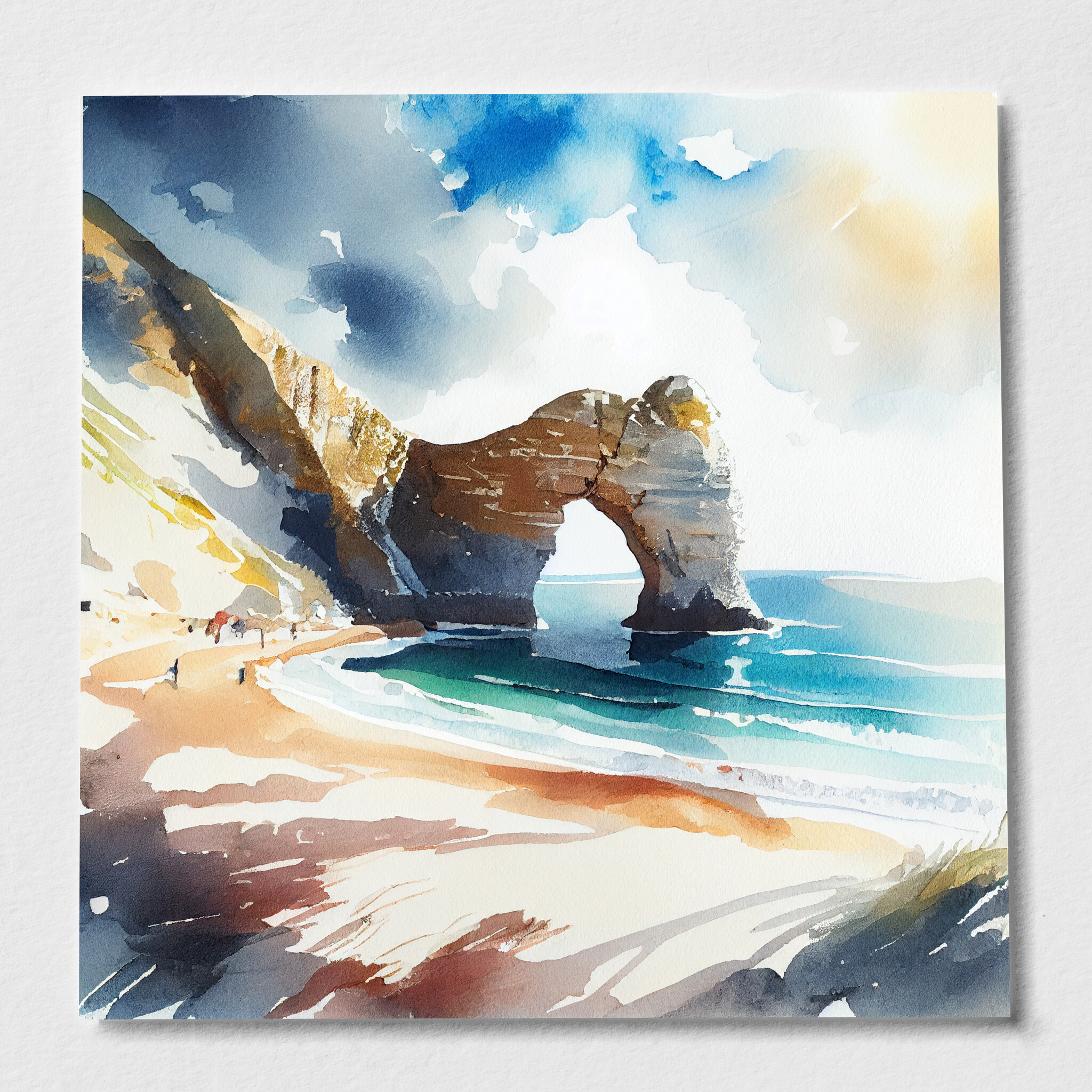 Durdle Door Coastal Watercolor Blue Art Living Room Wall Art | Beach Scene Decor - P