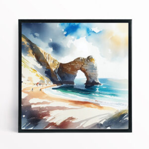Durdle Door Coastal Watercolor Blue Art Living Room Wall Art | Beach Scene Decor - BFP