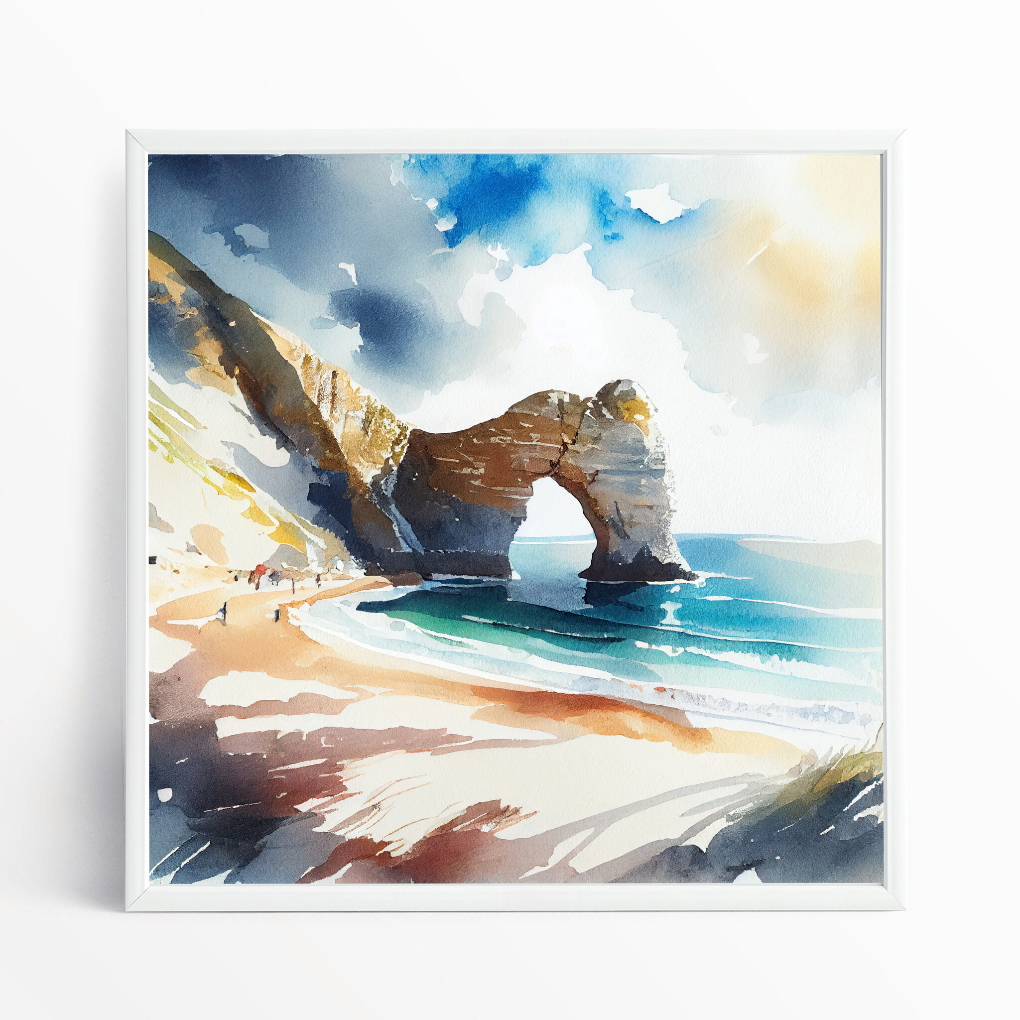 Durdle Door Coastal Watercolor Blue Art Living Room Wall Art | Beach Scene Decor - WFP
