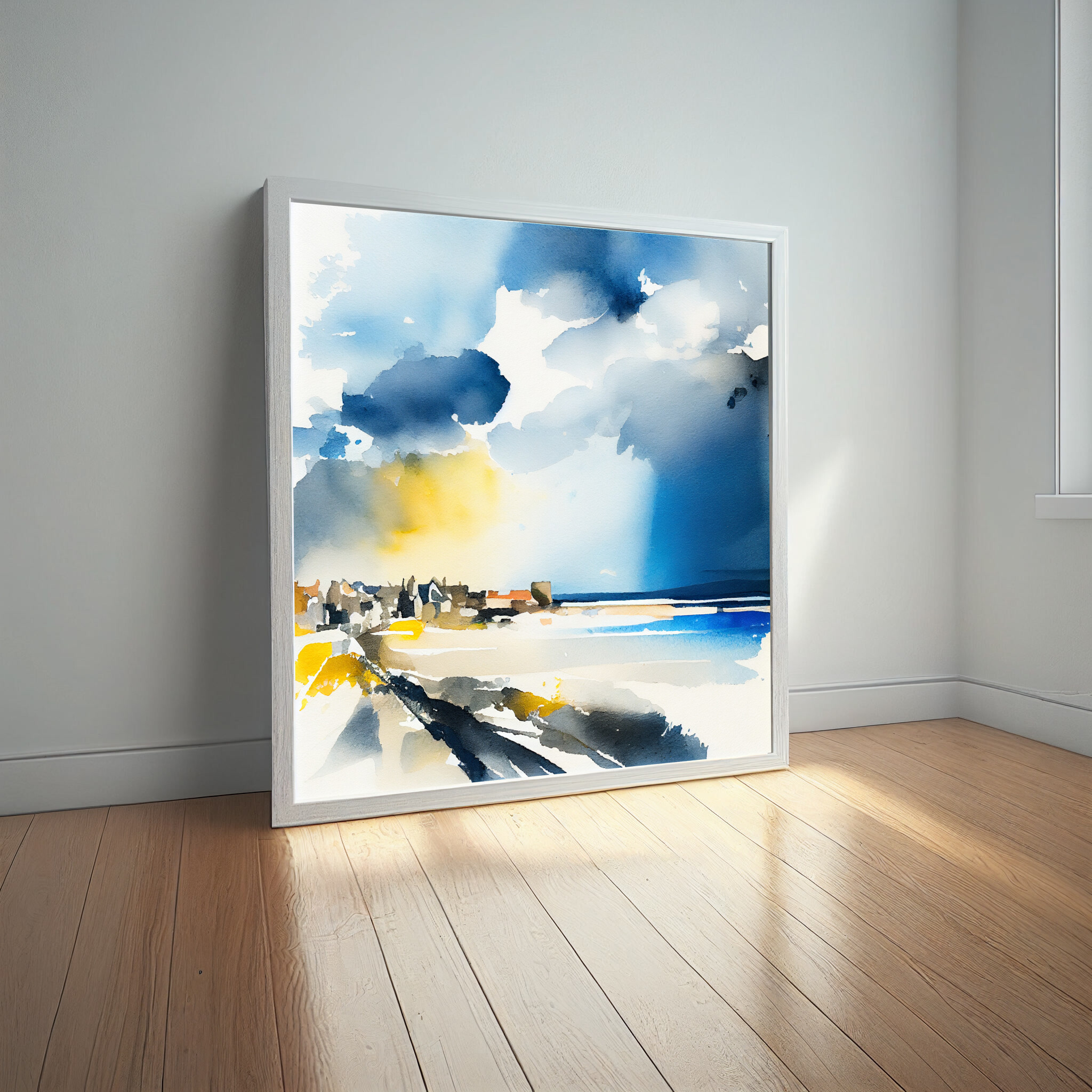 St Ives Impressionist Blue and Gold Coastal Living Room Wall Art | Modern Landscape Decor -