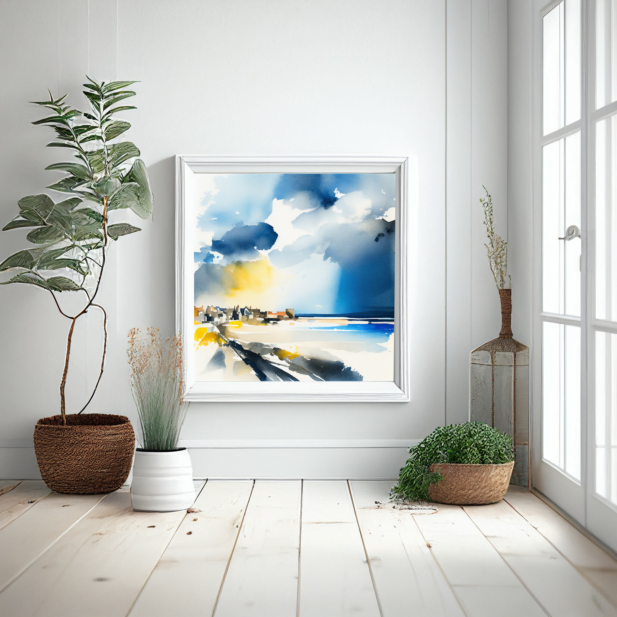 St Ives Impressionist Blue and Gold Coastal Living Room Wall Art | Modern Landscape Decor -