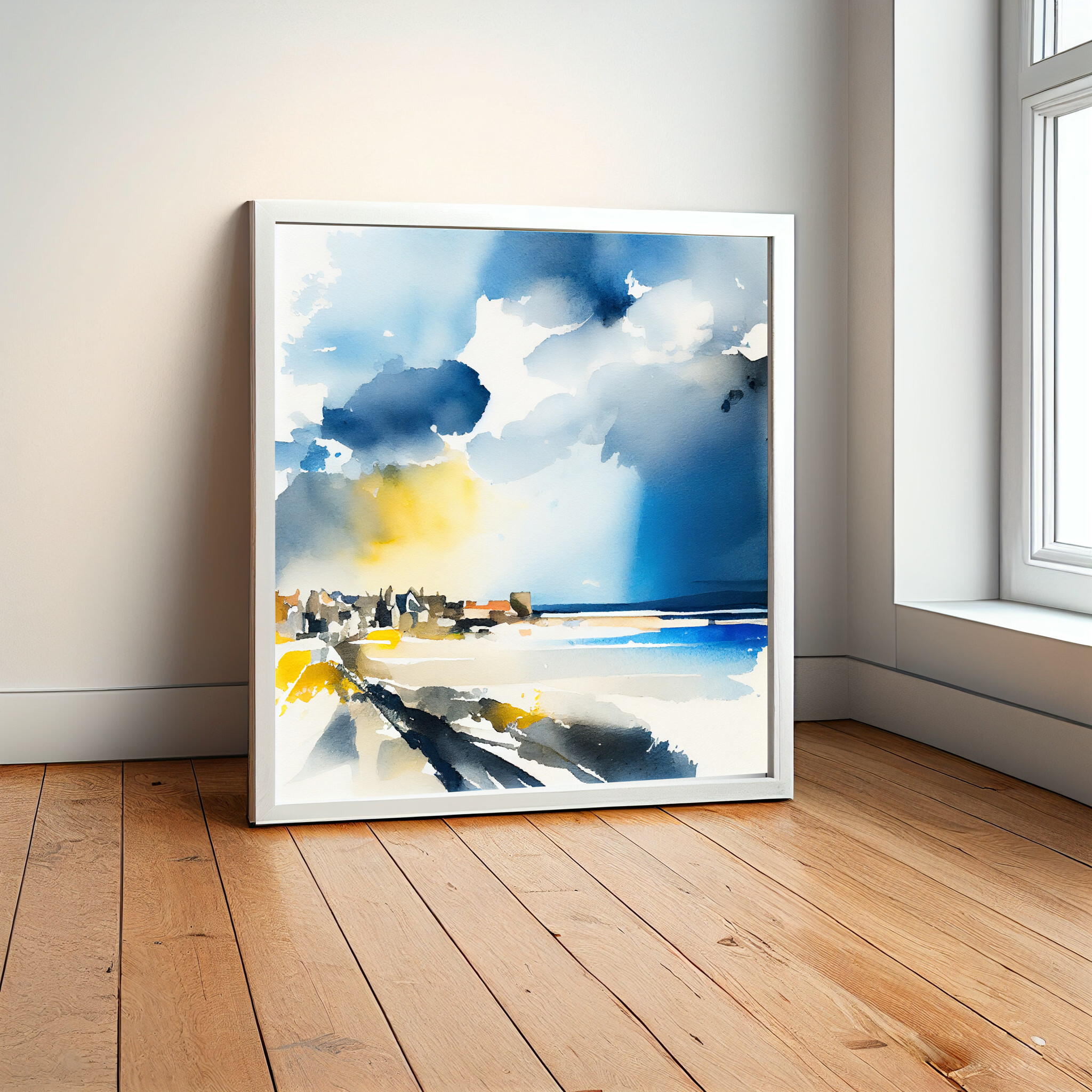 St Ives Impressionist Blue and Gold Coastal Living Room Wall Art | Modern Landscape Decor -