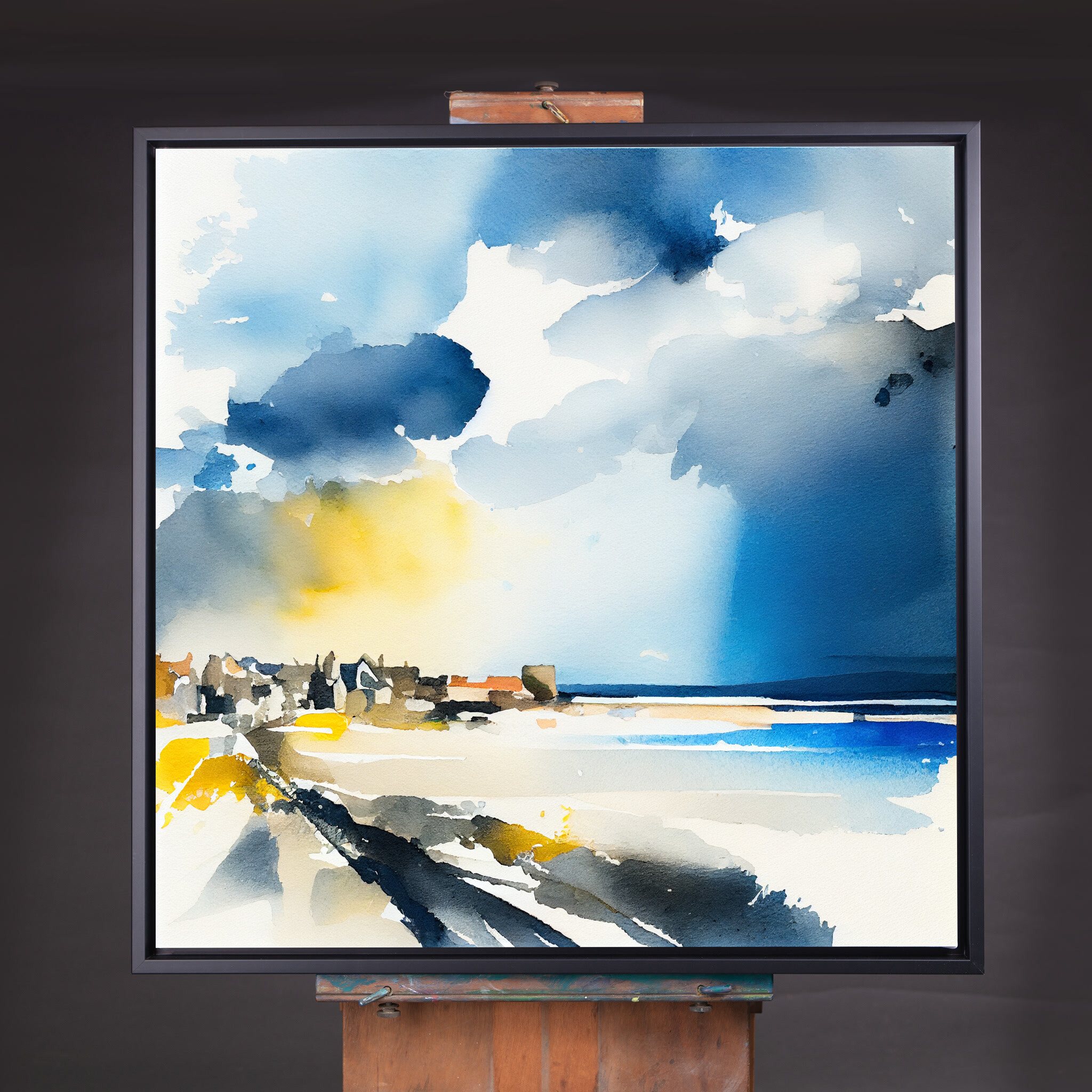 St Ives Impressionist Blue and Gold Coastal Living Room Wall Art | Modern Landscape Decor - CBF