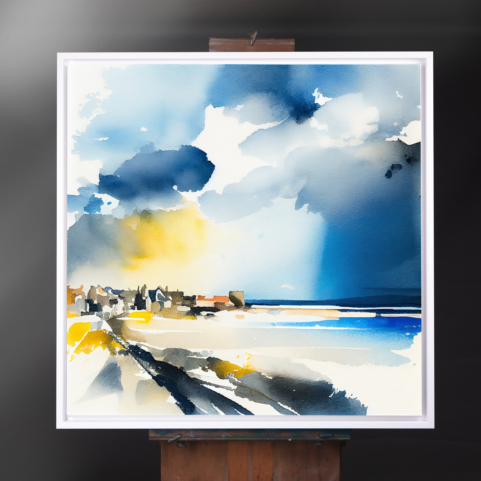 St Ives Impressionist Blue and Gold Coastal Living Room Wall Art | Modern Landscape Decor - CWF